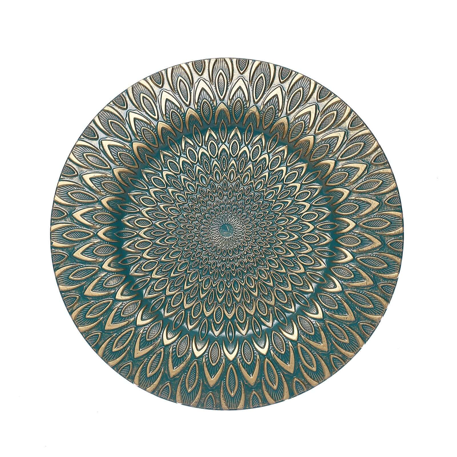 6-Pack Plastic Round Charger Plates 13 in Teal with Gold Embossed Peacock Pattern, Stylish Disposable Charger Tableware