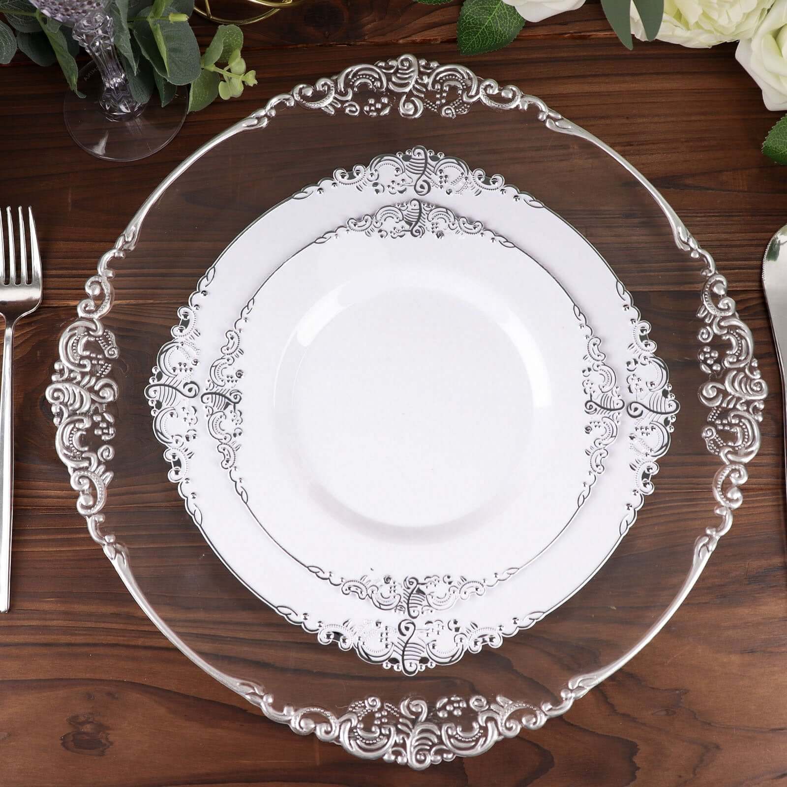 10-Pack Plastic 10 Round Dinner Plates in White with Silver Leaf Embossed Rim - Disposable Vintage Baroque Style Plates