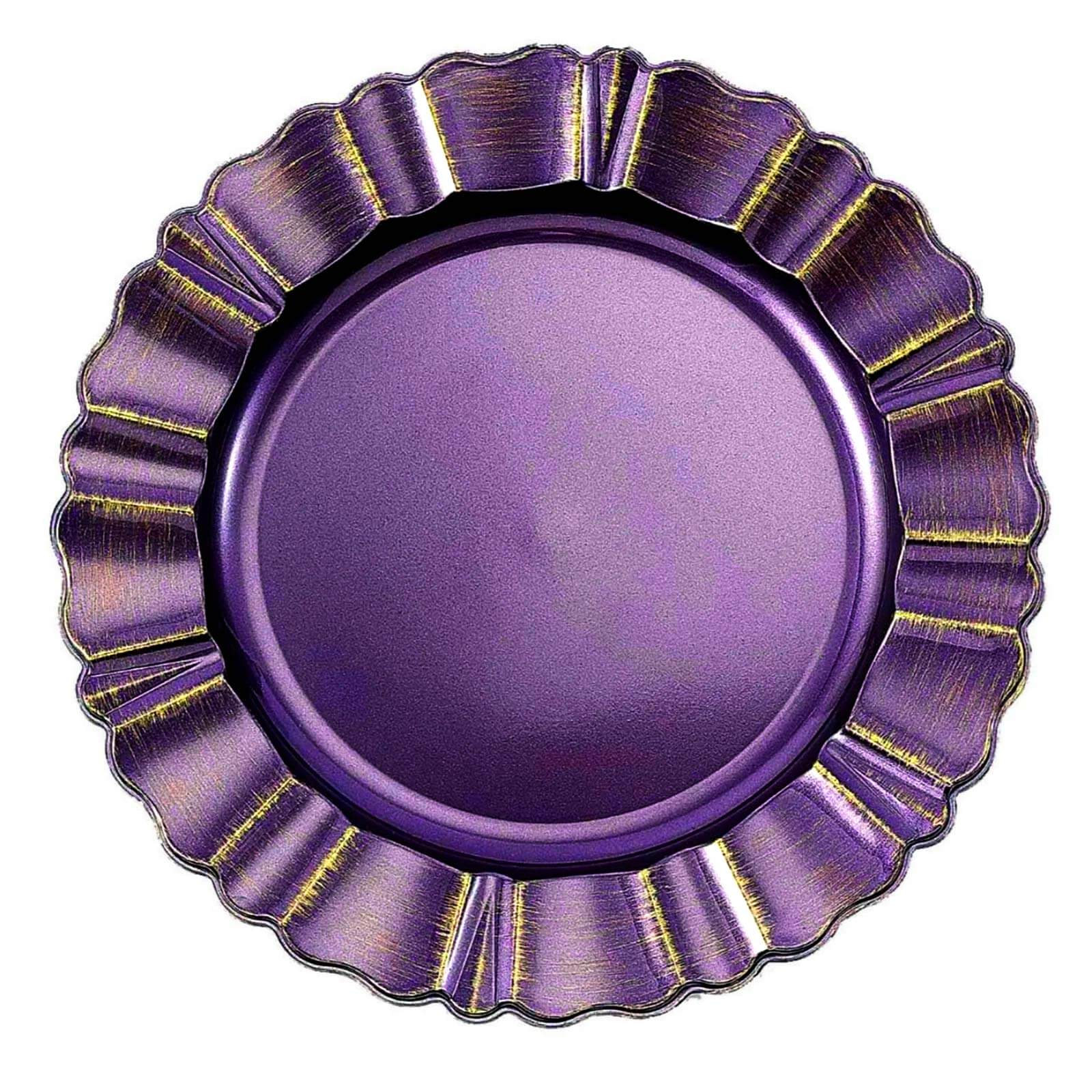 6-Pack Acrylic Plastic Round Charger Plates 13 in Purple with Gold Brushed Wavy Scalloped Rim, Decorative Dinner Party Charger Tableware