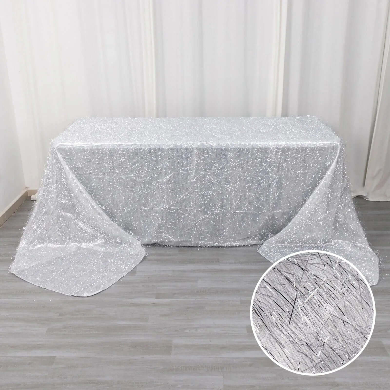 Polyester 90x156 Rectangle Tablecloth Silver Metallic Fringe Shag Tinsel Table Cover