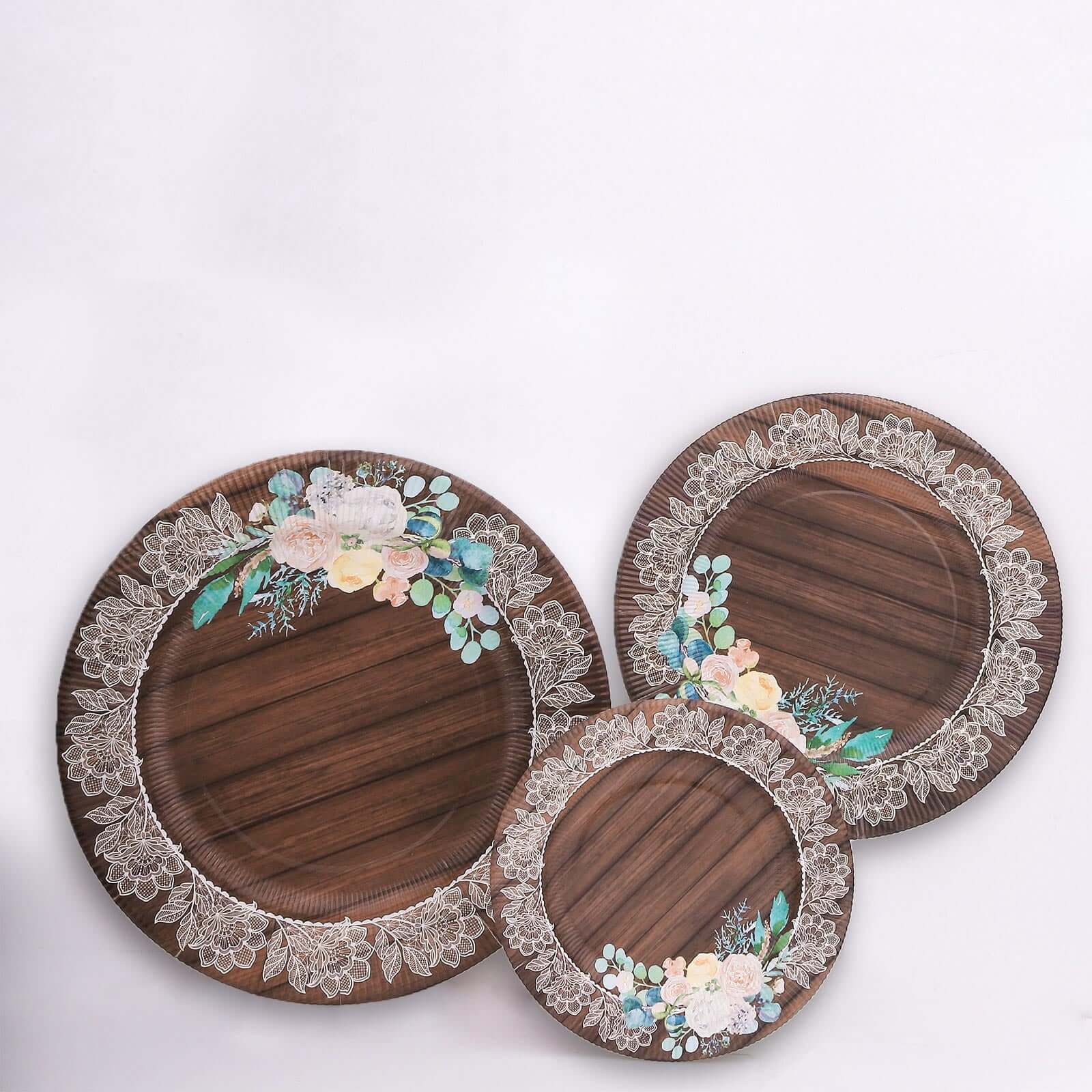 25-Pack Paper 10 Round Dinner Plates in Brown Wood Print with Floral Lace Rim - Disposable Party Plates for Farmhouse Weddings & Rustic Themes