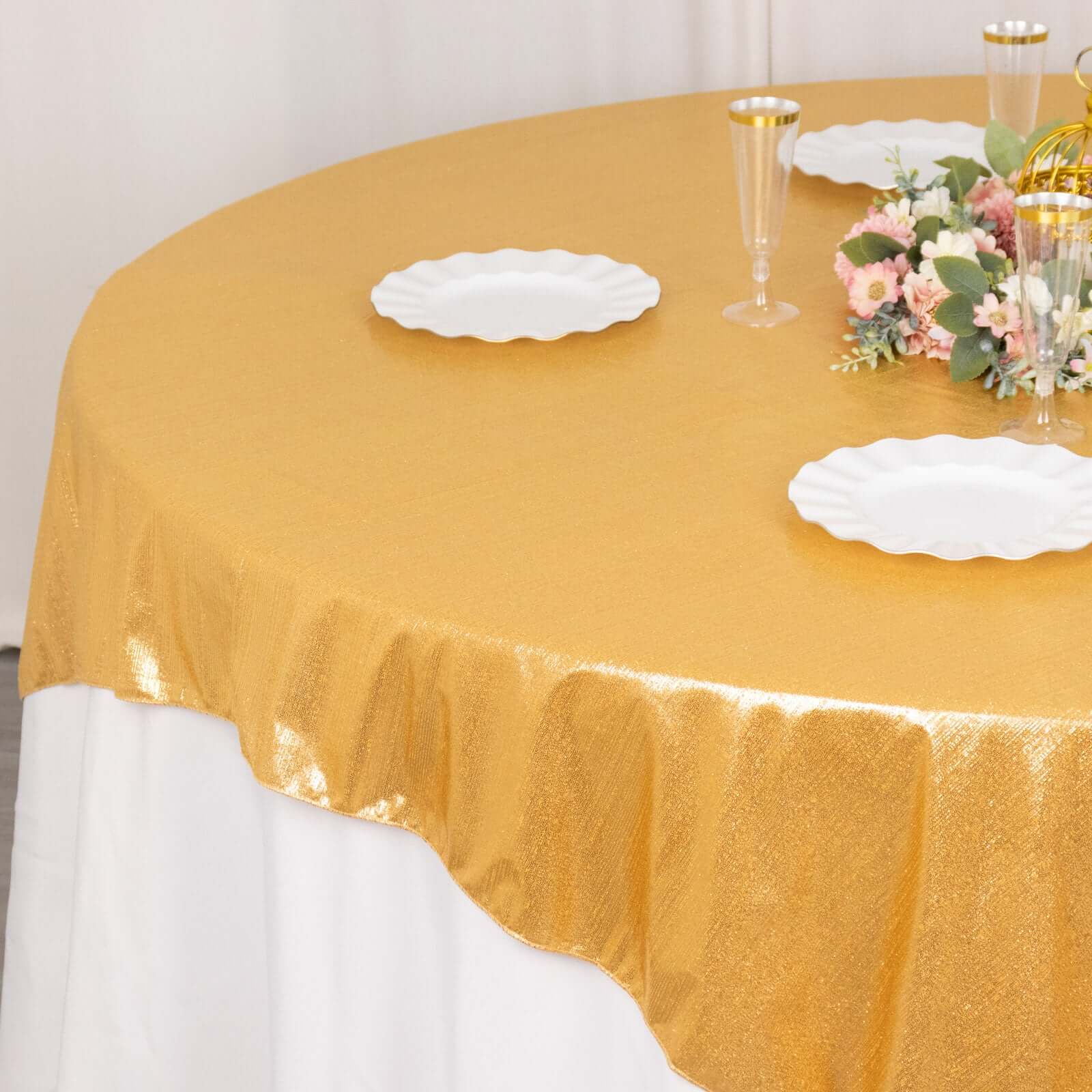 Polyester 72x72 Table Overlay Square Tablecloth Gold Shimmer Sequin Dots Wrinkle-Free Design for Stylish Celebrations