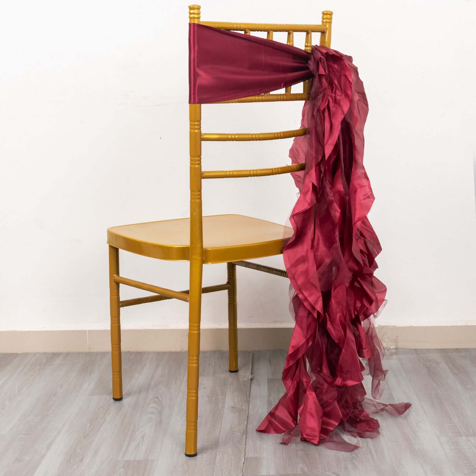 5 Pack Chiffon Satin Chair Sashes Burgundy - Easy to Install Ruffled Curly Willow