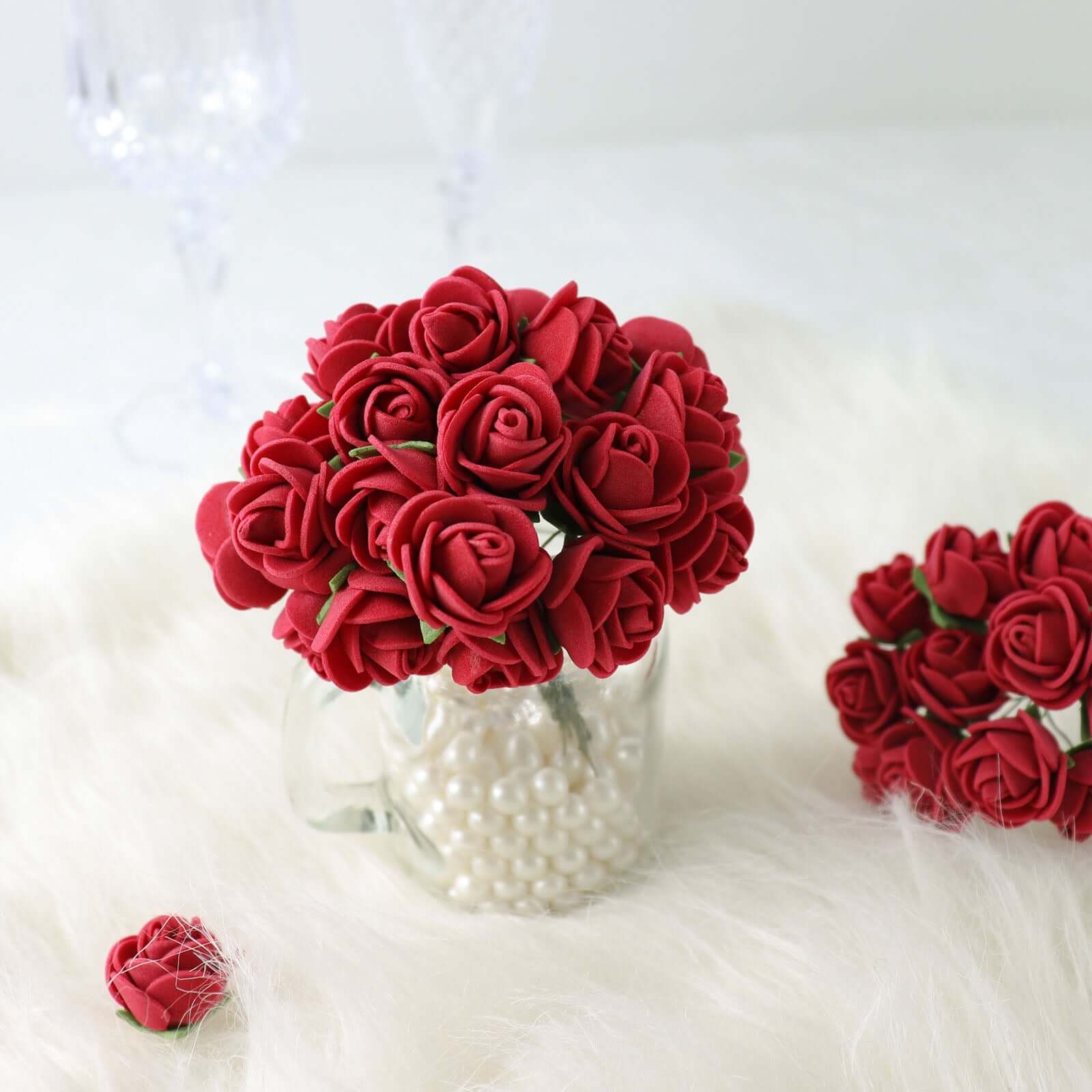 48 Roses 1 Burgundy Real Touch Artificial DIY Foam Rose Flowers With Stem, Craft Rose Buds