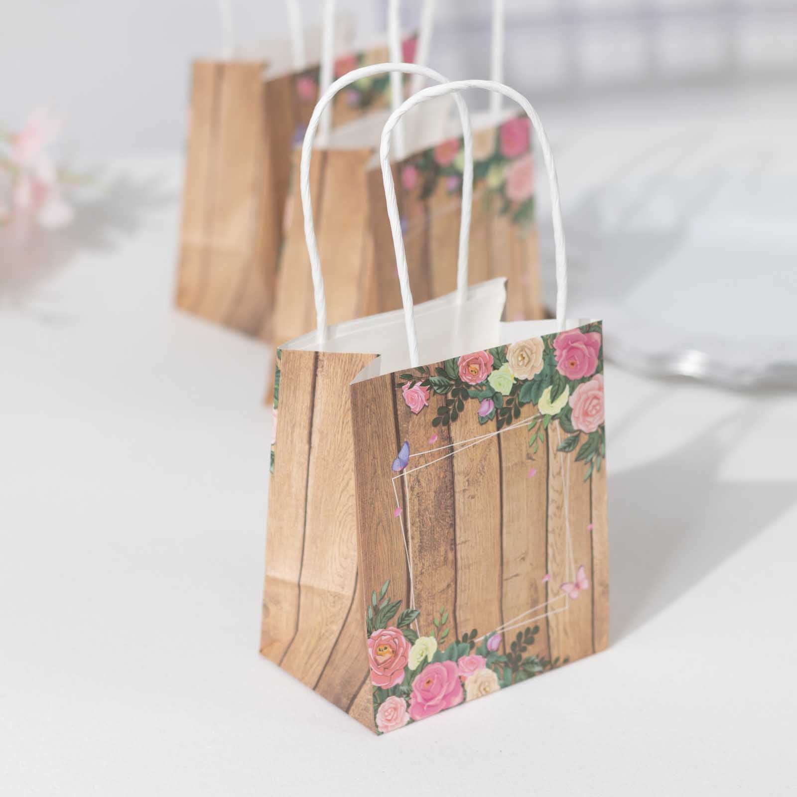 12 Pack Natural Wood Print Paper Party Favor Bags with Rose Floral Accent, Small Gift Goodie Bags With Handles - 4x5