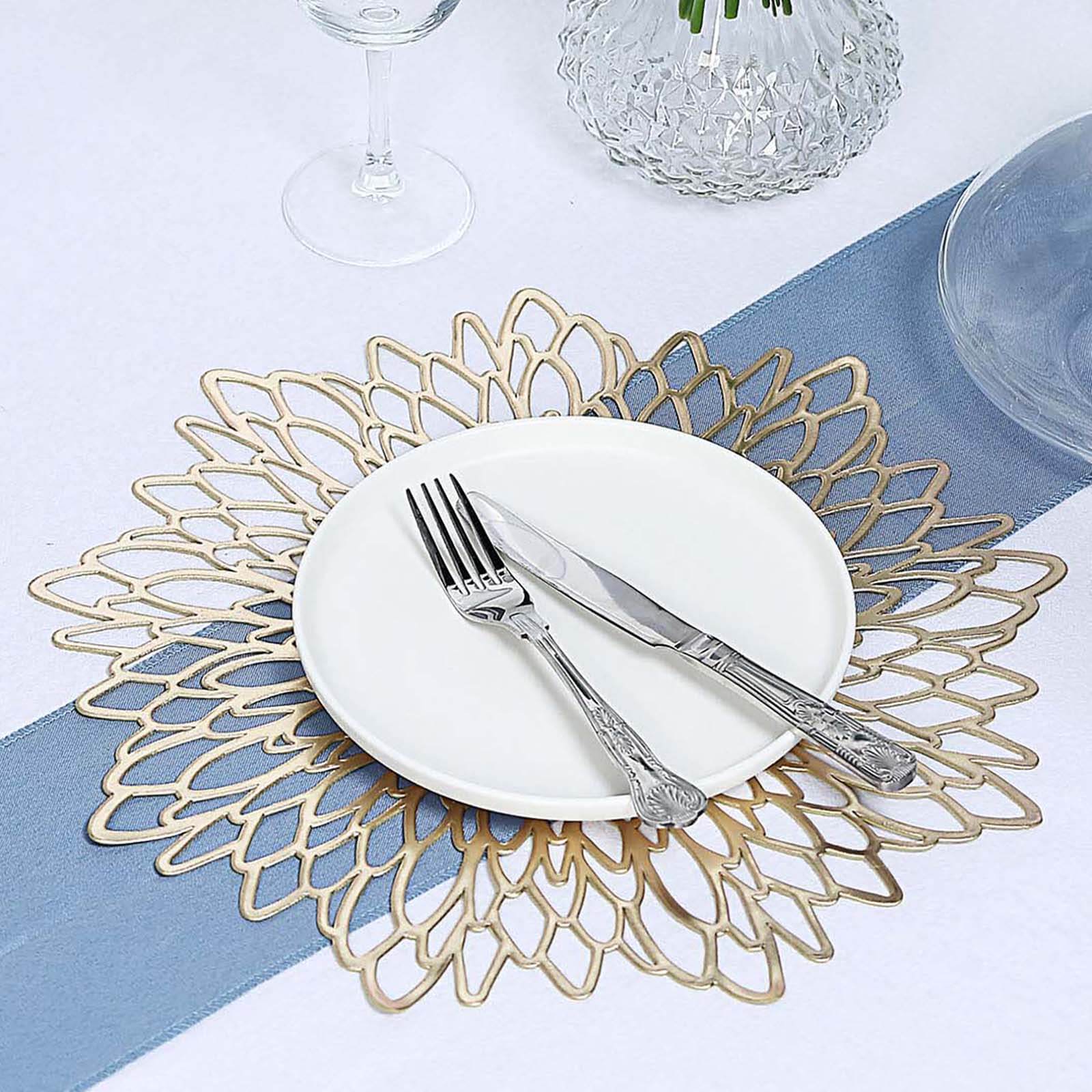 6-Pack Dining Table Mats Floral Design Gold - Metallic Vinyl Round Non-Slip Mats for Tables 15