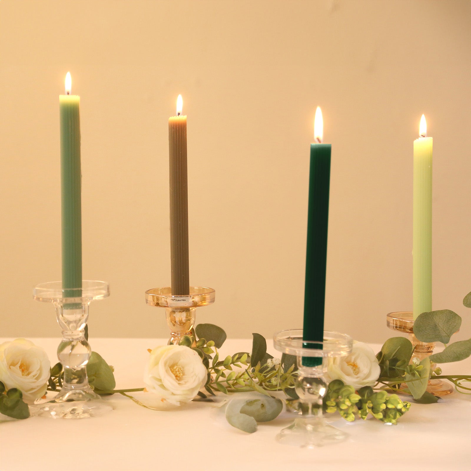 5-Pack Taper Candles Ribbed Wick Ribbon Wax Design Assorted Sage Green - Premium Unscented Dinner Candles 9