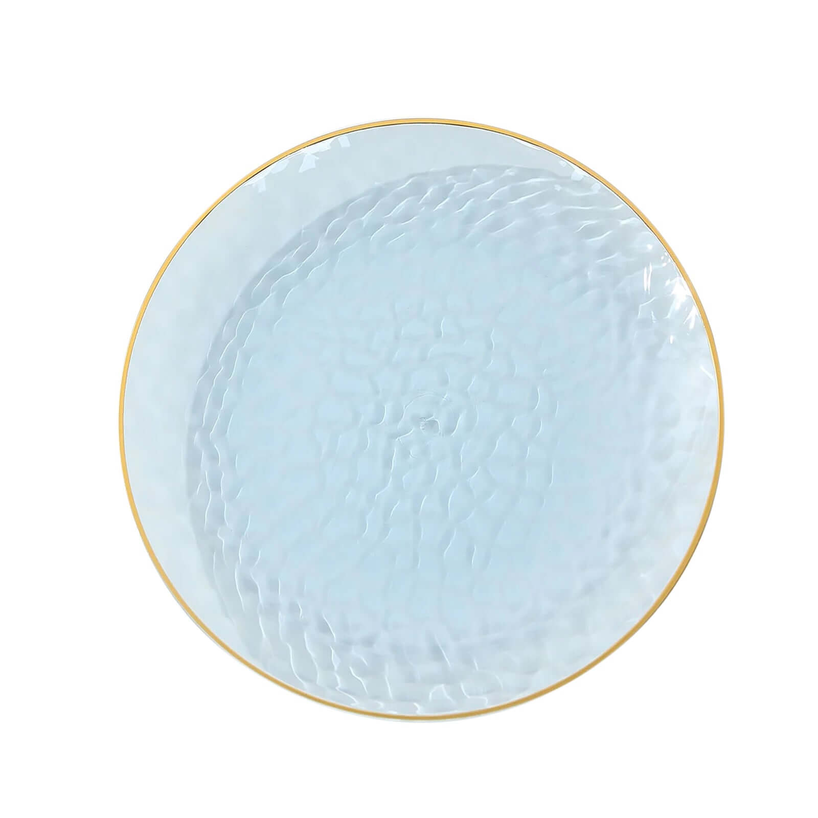 10-Pack Plastic 9 Round Dinner Plates in Transparent Dusty Blue Hammered Design with Gold Rim - Modern Disposable Party Plates