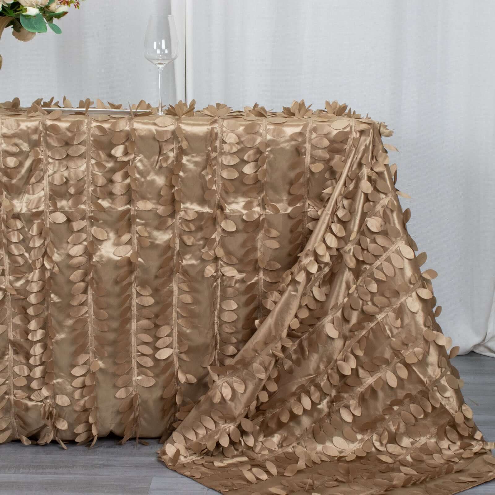 Taffeta 90x132 Rectangle Tablecloth Taupe | 3D Leaf Petal Design Seamless Table Cover