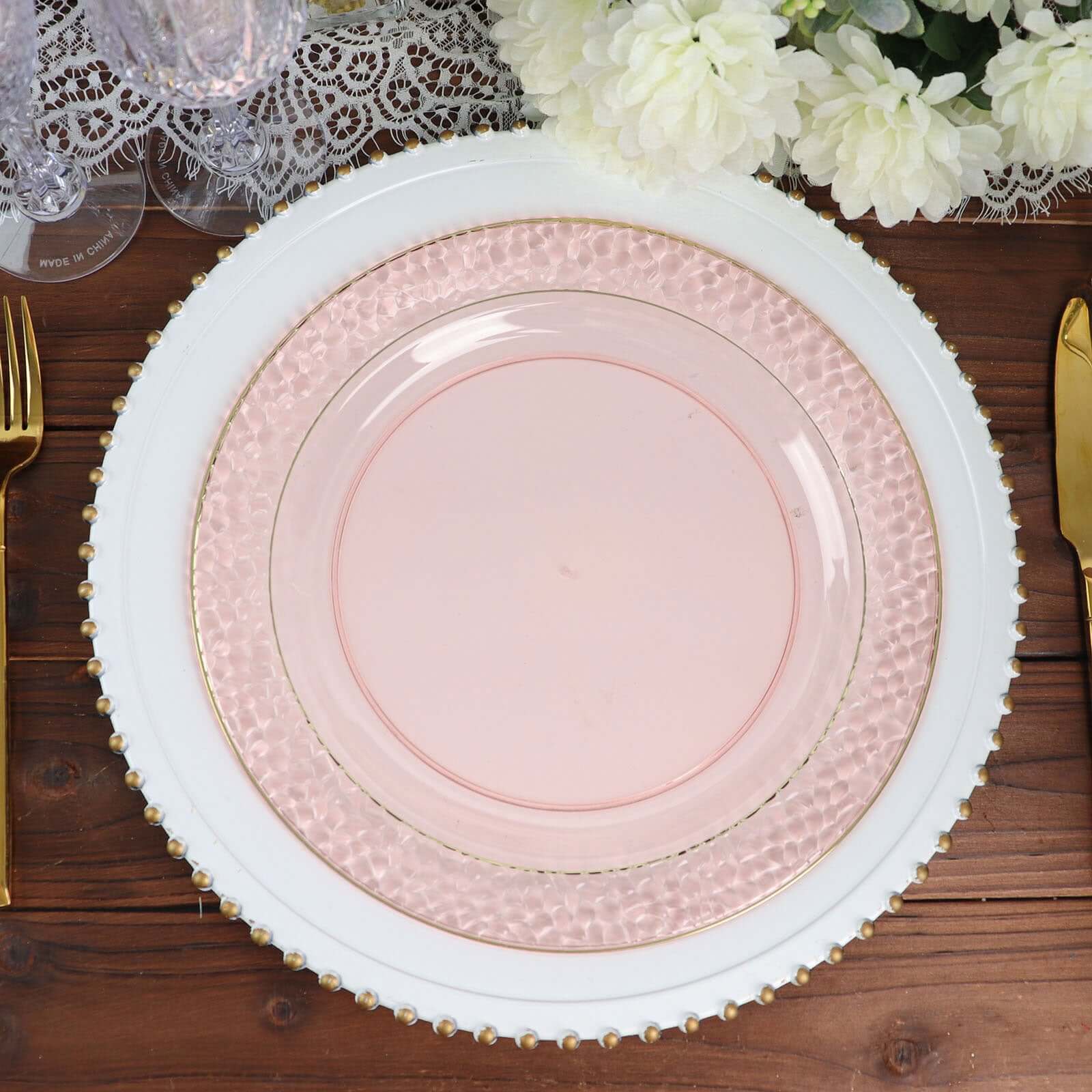 10-Pack Plastic 10 Round Dinner Plates in Blush Hammered Design with Gold Rim - Disposable Party Plates for Chic Banquets & Special Occasions