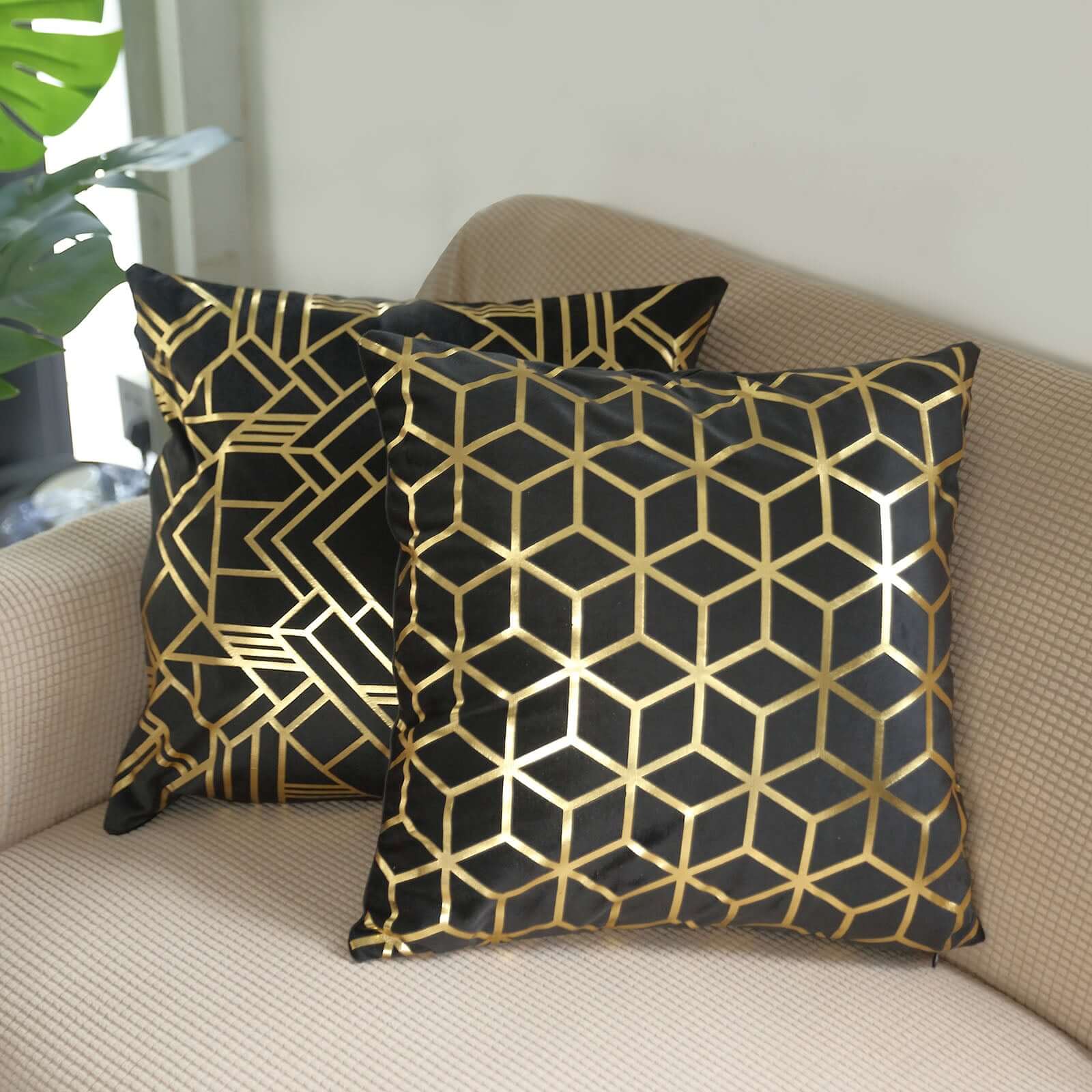 Set Of 4 18 Black Gold Foil Geometric Print Throw Pillow Covers, Velvet Square Sofa Cushion Covers