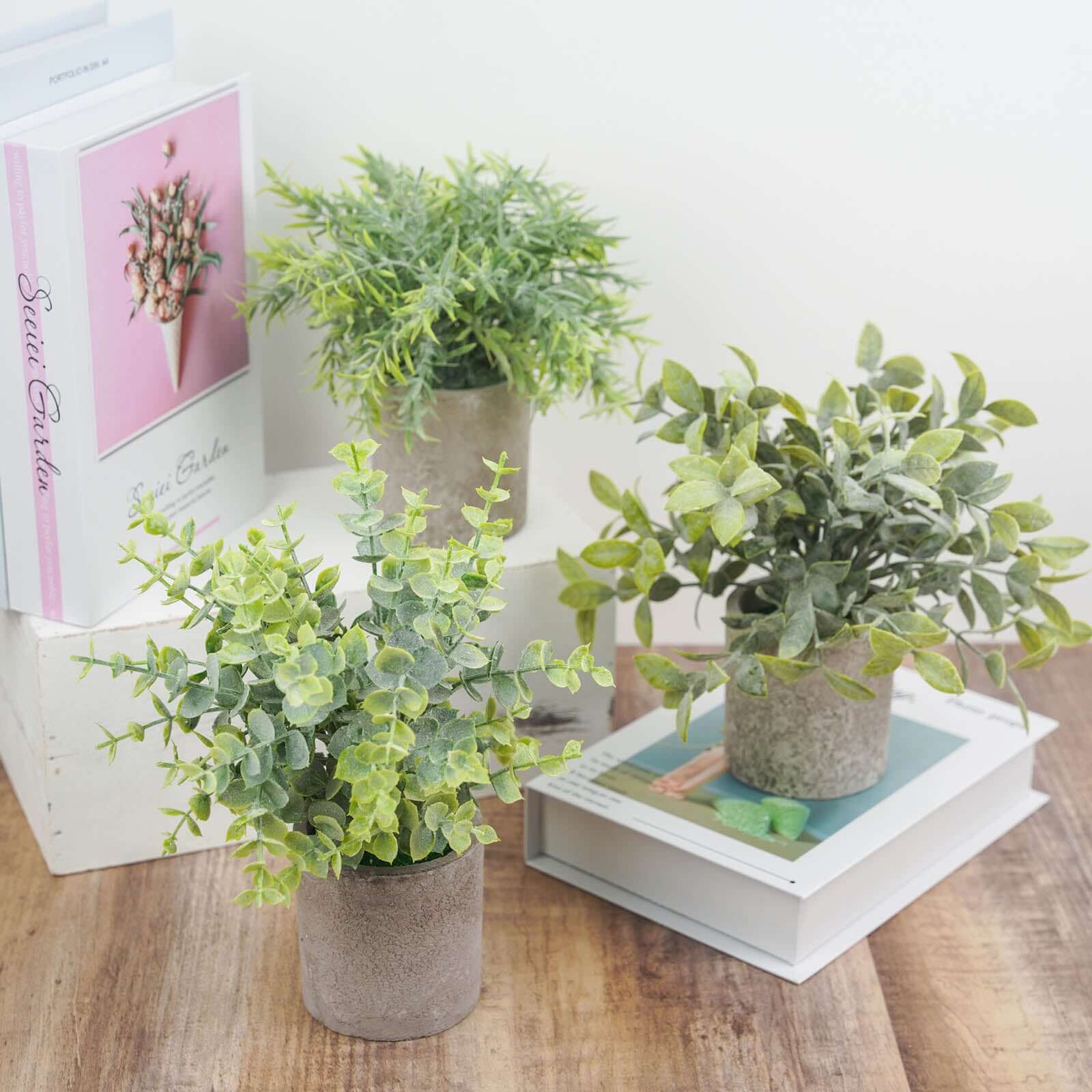 3 Plant Set Mini Potted Artificial Eucalyptus, Rosemary and Boxwood Faux Planter Collection - Small Decorative Faux Herb Garden for Desk Countertops Table Shelf Display 9