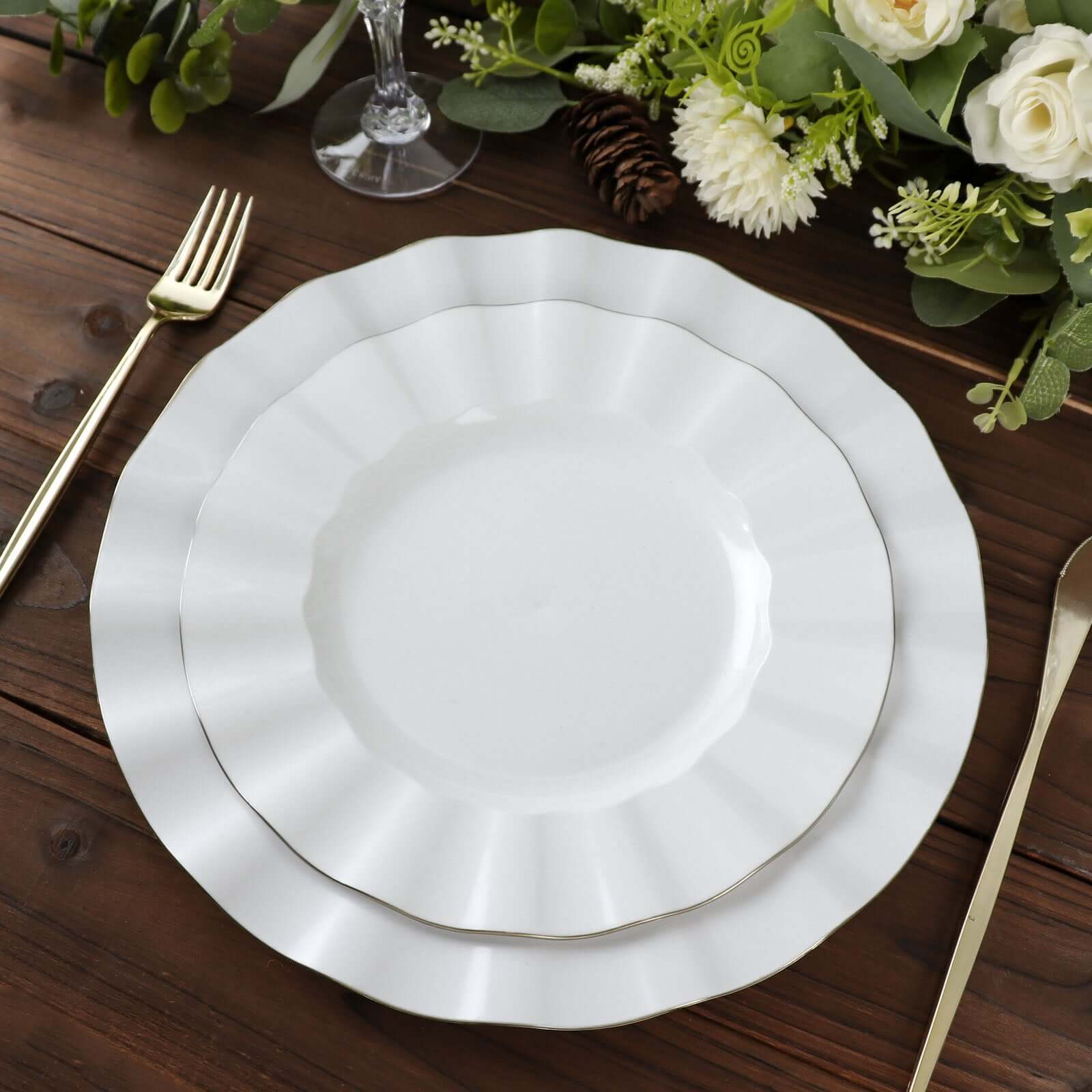10-Pack Plastic 11 Round Dinner Plates in White Ruffled Rim with Gold Edging - Sturdy Disposable Dinnerware for Classy Events & Banquets