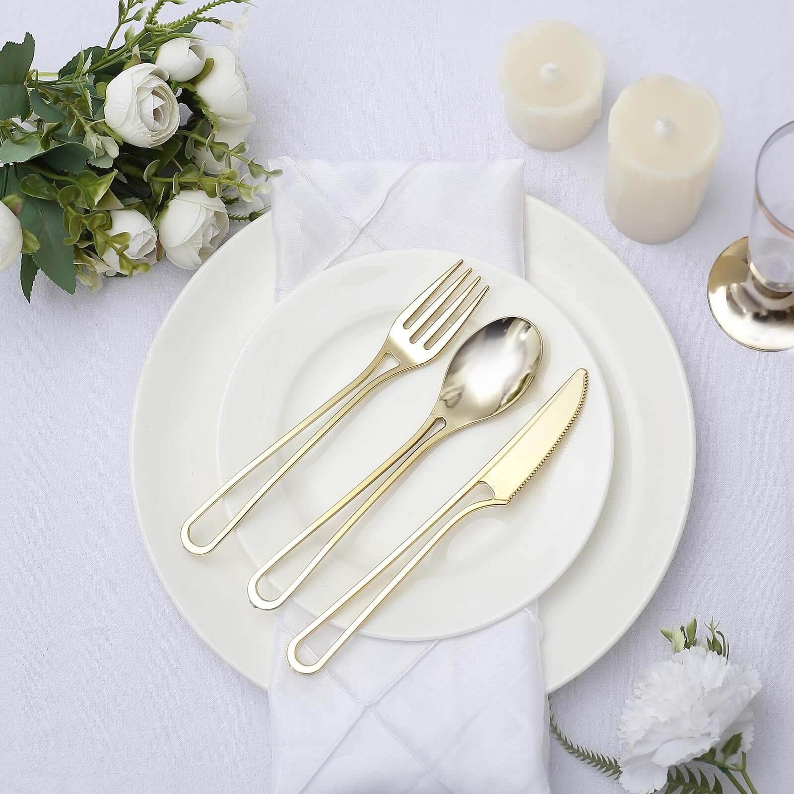 24-Pack Plastic Utensil Set with Modern Hollow Handle Design Gold - Disposable Silverware 7 for Parties