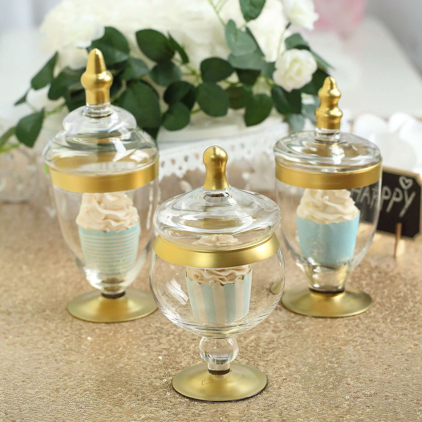 Set of 3 Glass Jars Apothecary Design Clear with Gold Trim and Snap-On Lids - Stylish Decorative Candy Buffet Storage 8.5, 9, 10