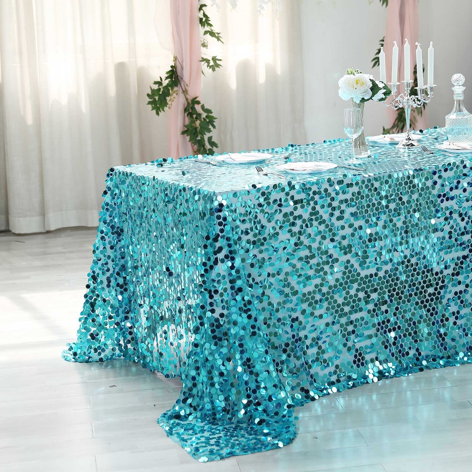 Sequin 90x132 Rectangle Tablecloth Turquoise - Seamless Big Payette Table Cover