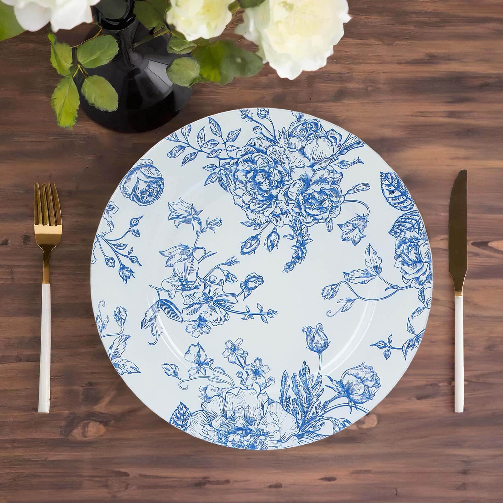 6-Pack Acrylic Round Charger Plates 13 in White with Light Blue Floral French Toile Pattern, Decorative Dinner Party Charger Tableware