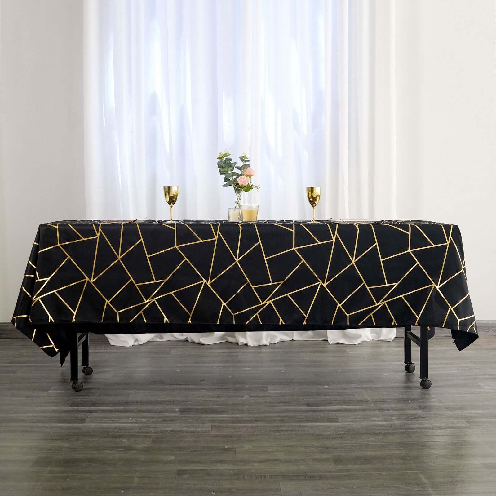 Polyester 60x102 Rectangle Tablecloth Black with Gold Foil Geometric Pattern - Wrinkle-Resistant & Durable Table Cover