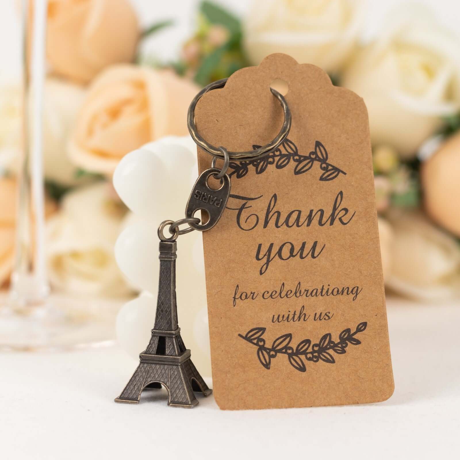 10 Pack Bronze Plastic Paris Eiffel Tower Keychain Wedding Favors, 4 Bridal Shower Party Souvenirs With Thank You Tag