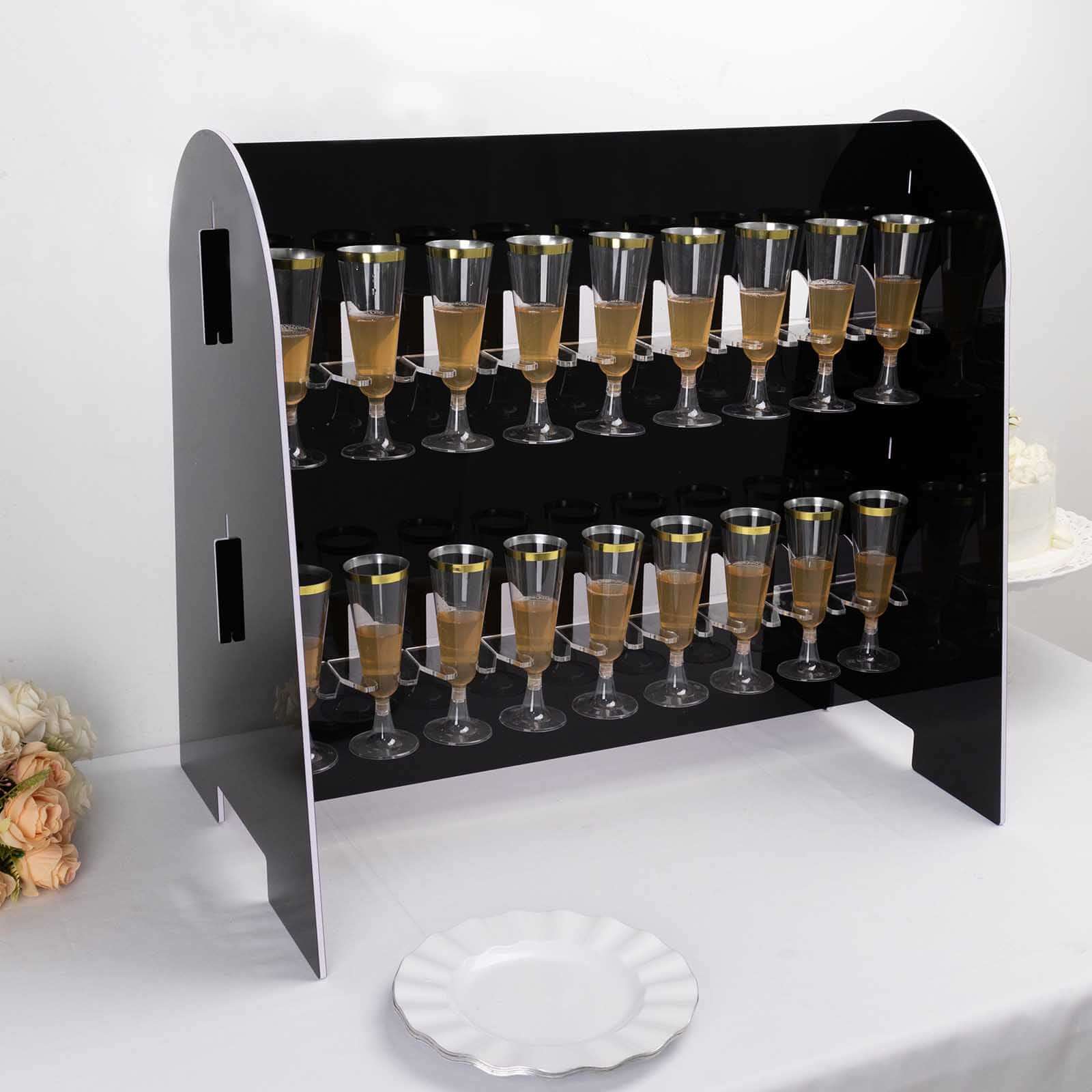 2-Tier Champagne Glass Holder Display Stand Table Top in Glossy Black - Modern Stemware Rack Cocktail Drink Holder with 18 Hooks for Events & DIY Bars 25