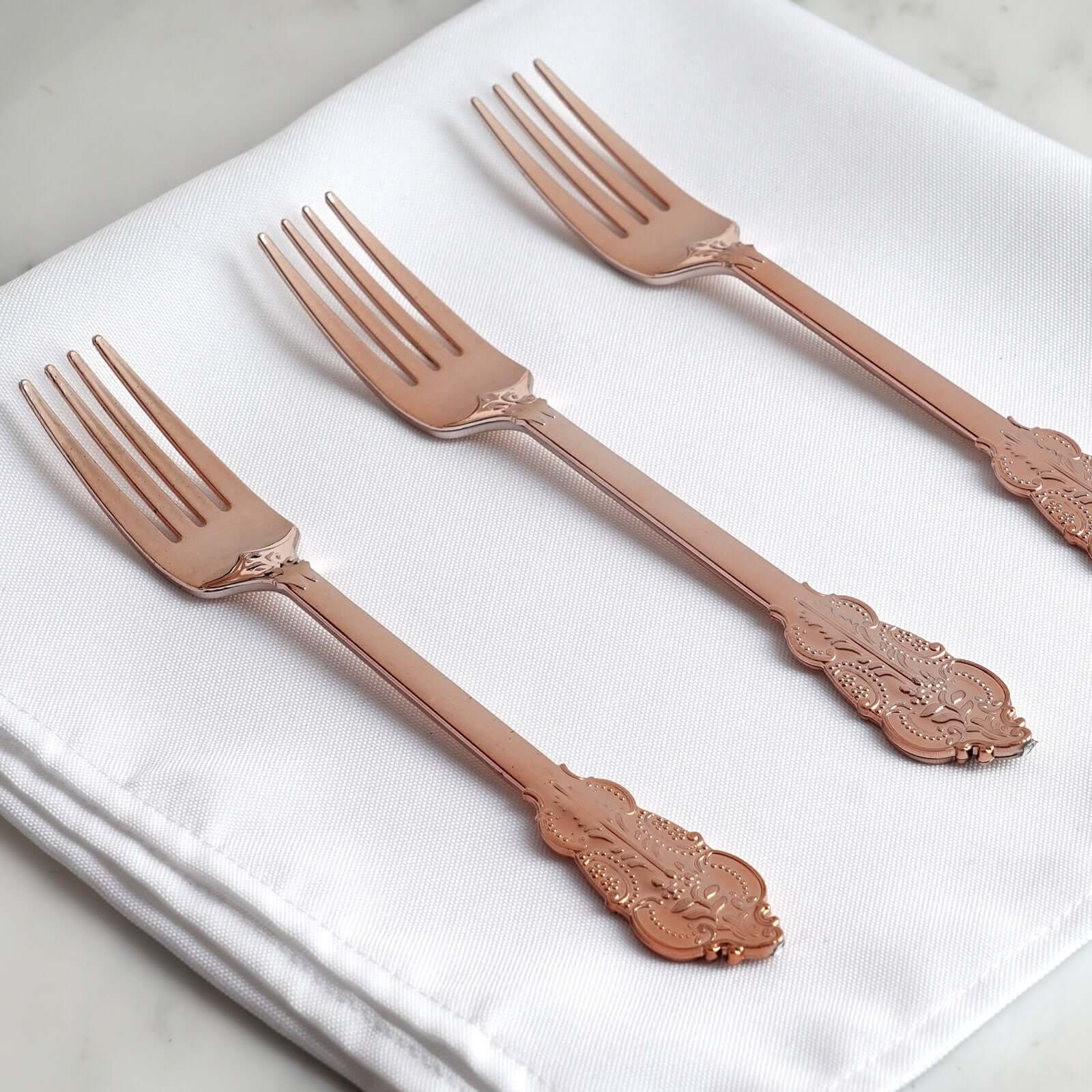 24 Pack Metallic Rose Gold 8 Baroque Style Heavy Duty Plastic Forks