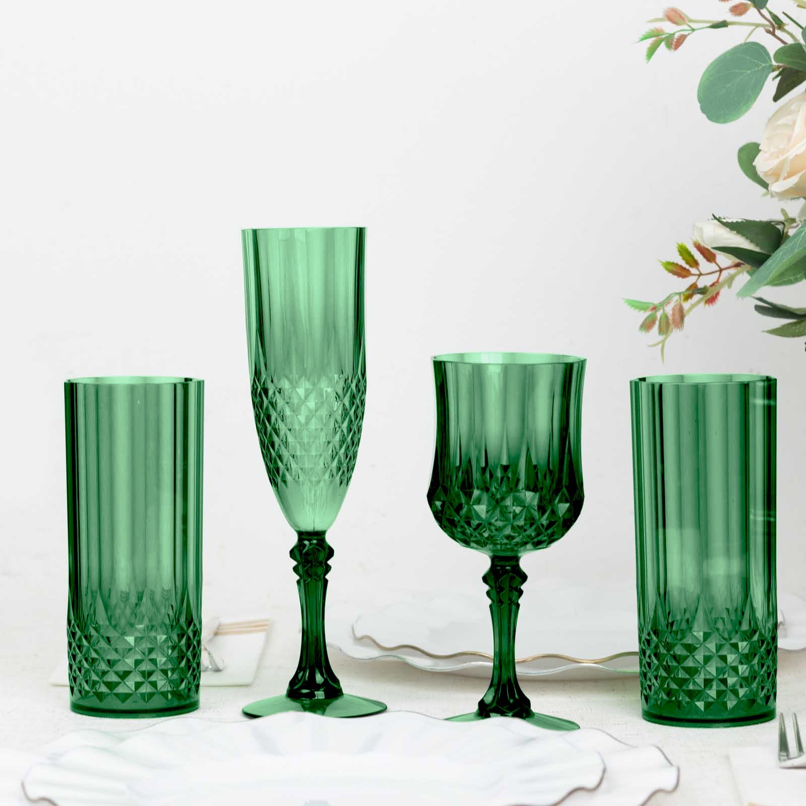 6-Pack Plastic Cocktail Tumblers Hunter Emerald Green Transparent Crystal Cut Style - Shatterproof Highball Glasses 14oz