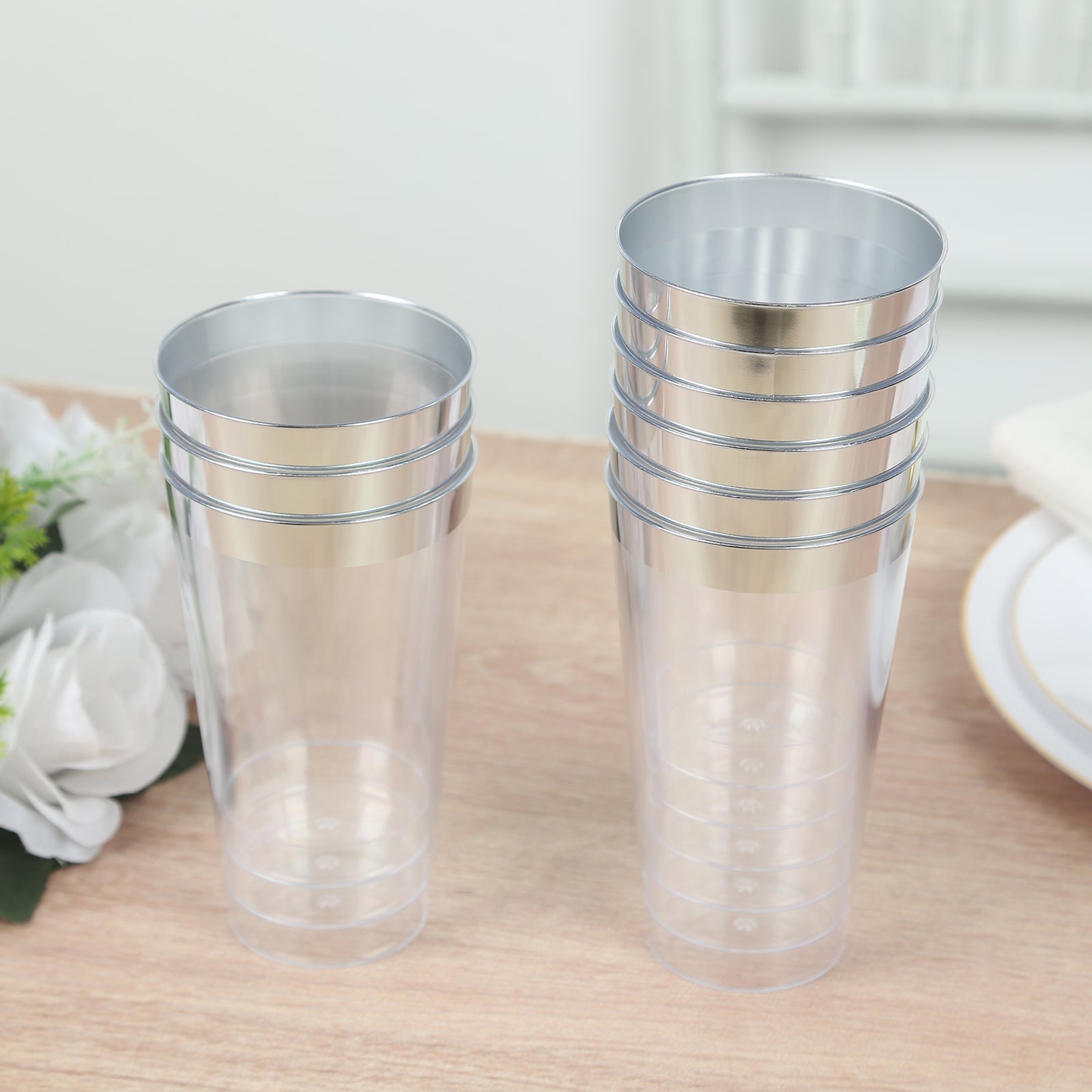 12-Pack Plastic Party Cups Clear with Silver Rim - Durable Disposable Tumblers for Drinks 17oz 5.5