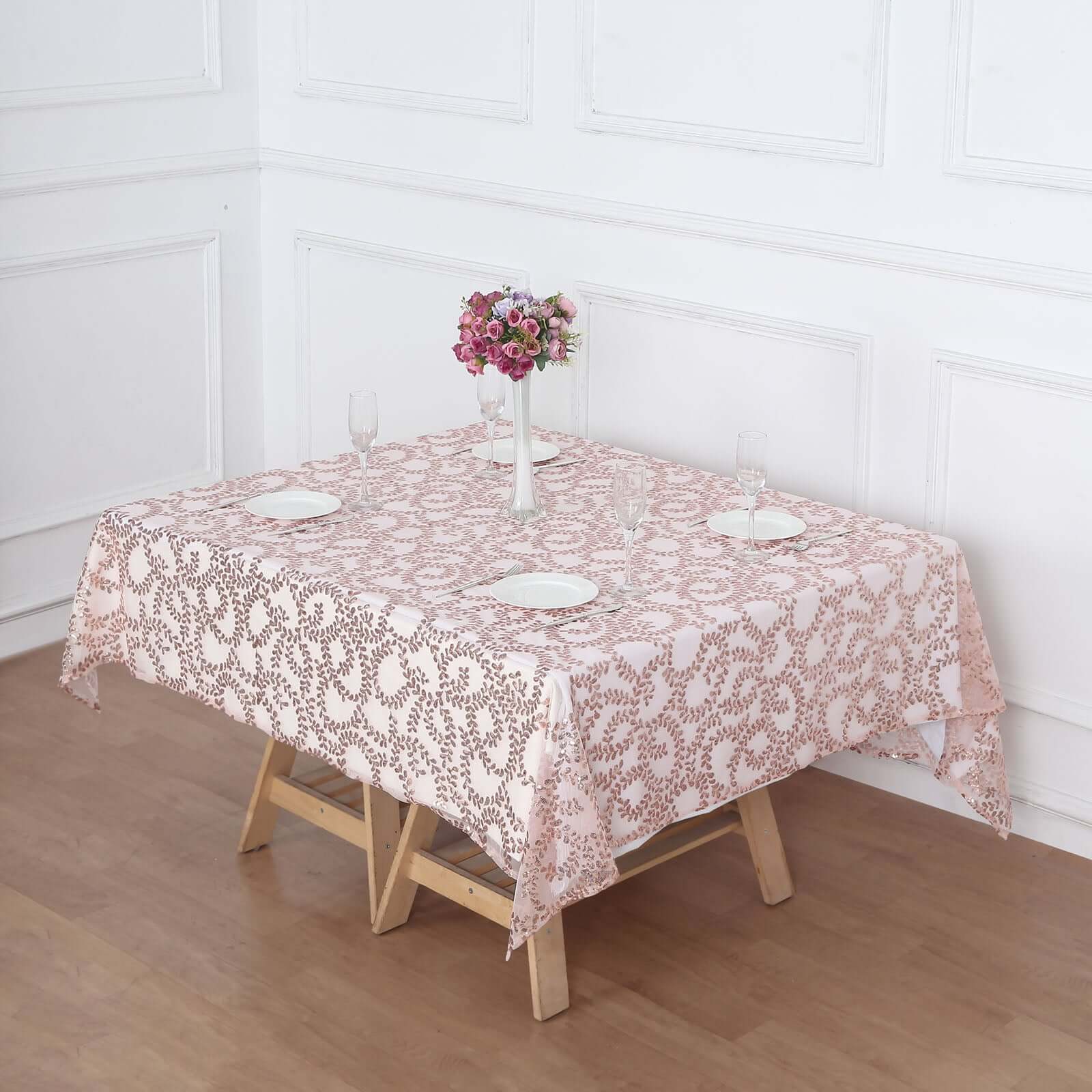 Tulle 72x72 Table Overlay Square Tablecloth Rose Gold - Sequin Leaf Embroidered Table Topper