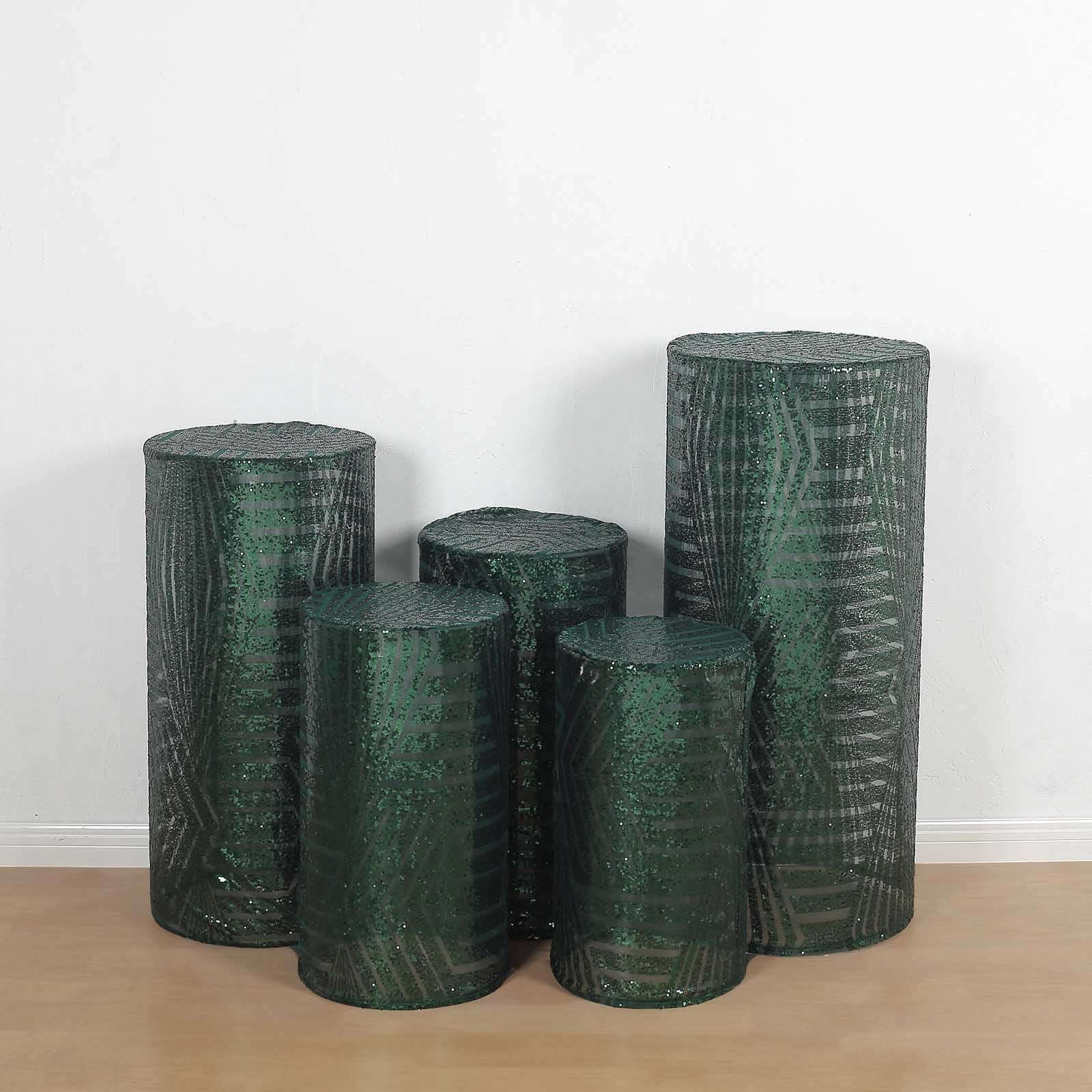 Set of 5 Hunter Emerald Green Sequin Mesh Cylinder Pedestal Stand Covers with Geometric Pattern Embroidery, Sparkly Sheer Tulle Pillar Prop Covers