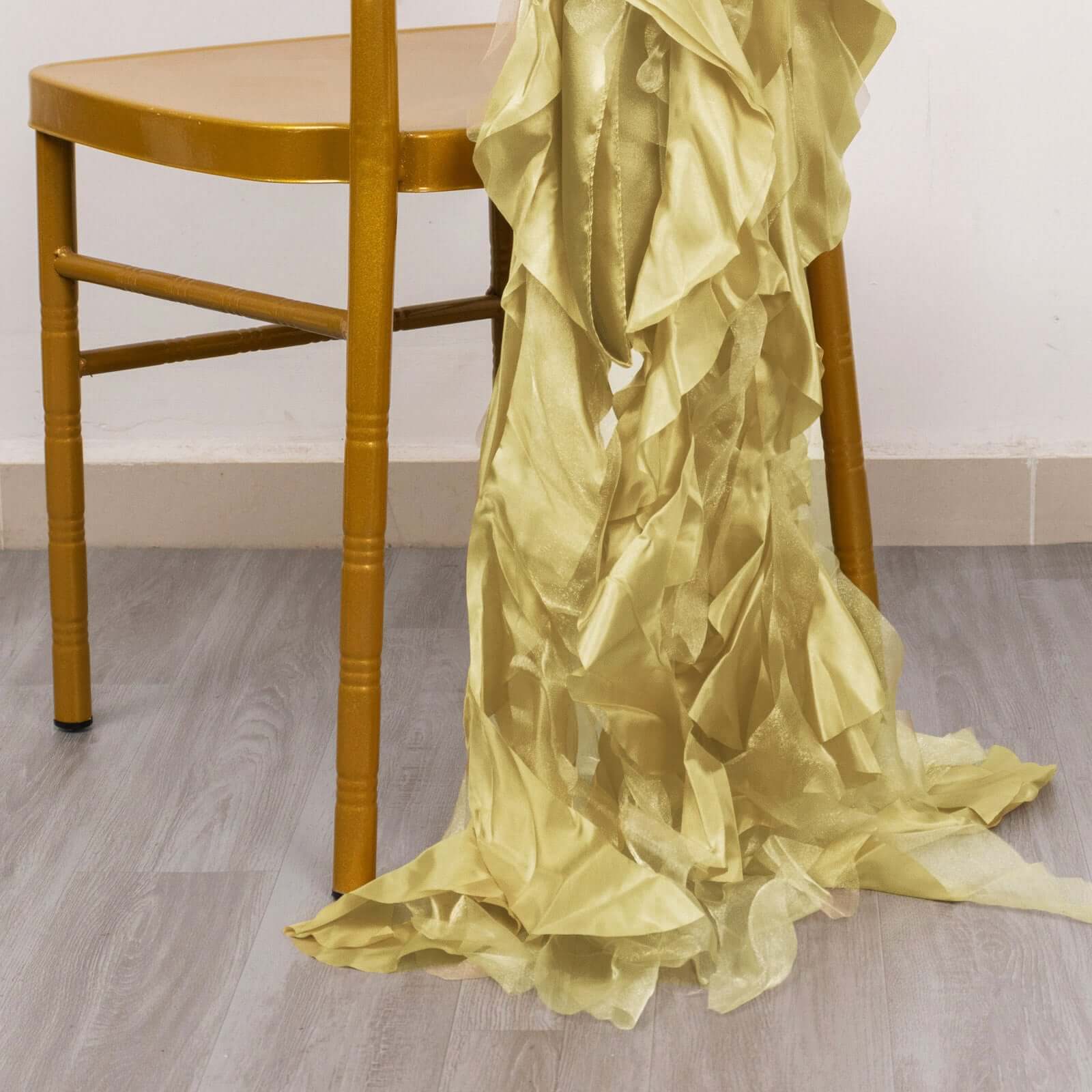 5 Pack Chiffon Satin Chair Sashes Champagne - Easy to Install Ruffled Curly Willow