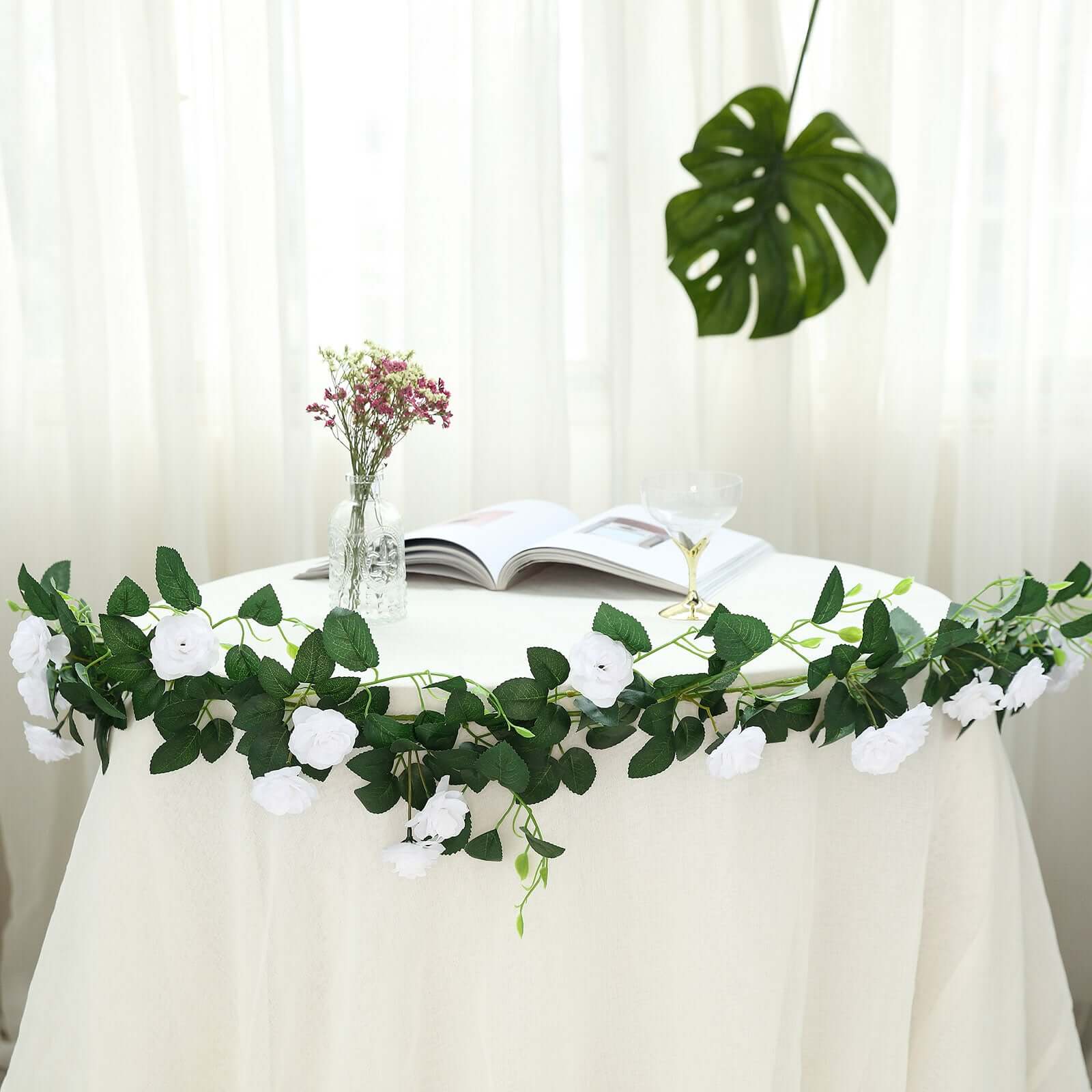 6ft 20 White Artificial Silk Roses Flower Garland, Hanging Vine