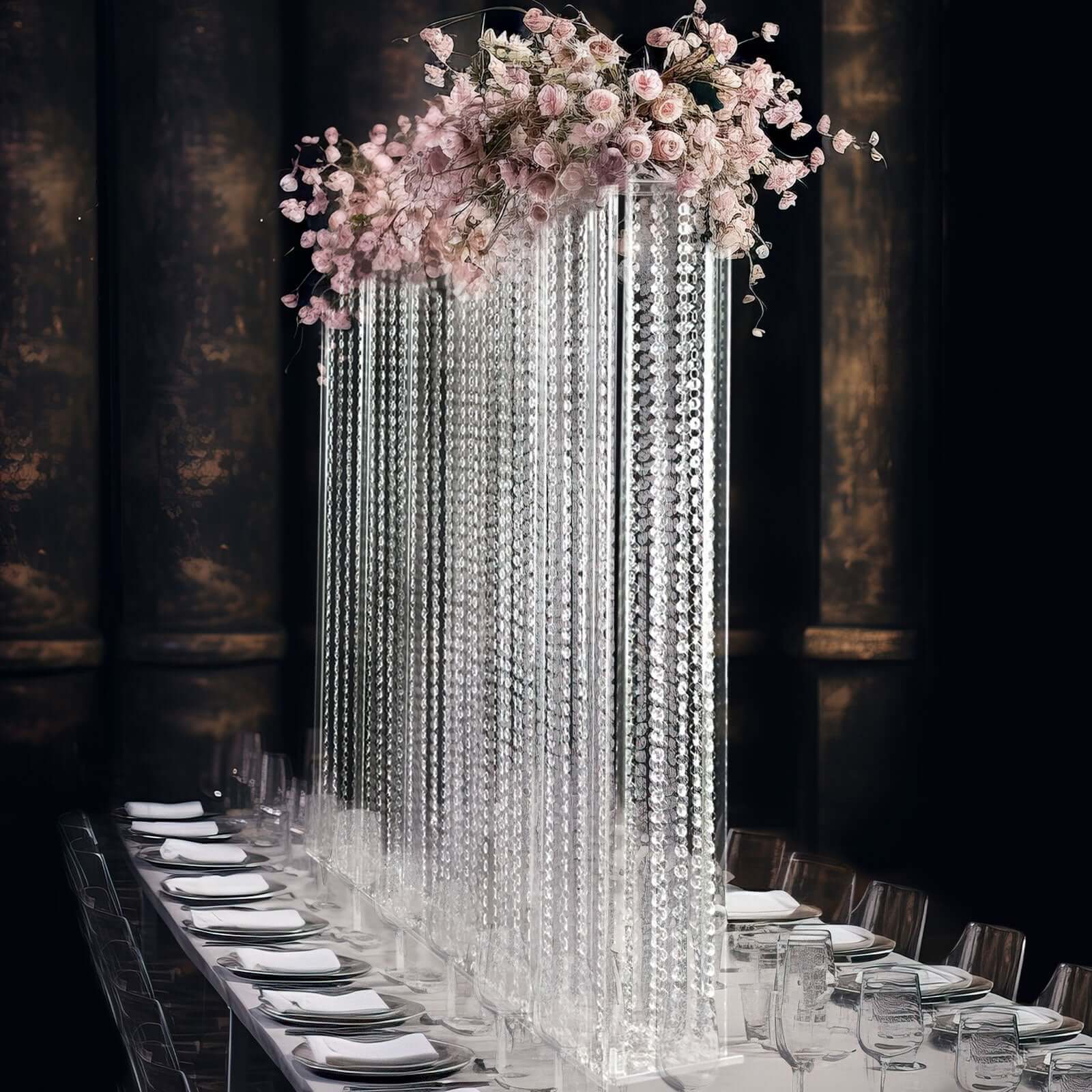 Acrylic Centerpiece Stand Rectangular Design with Pre-chained Crystal Beads Clear - Durable Flower Pedestal for Table or Floor 40x40