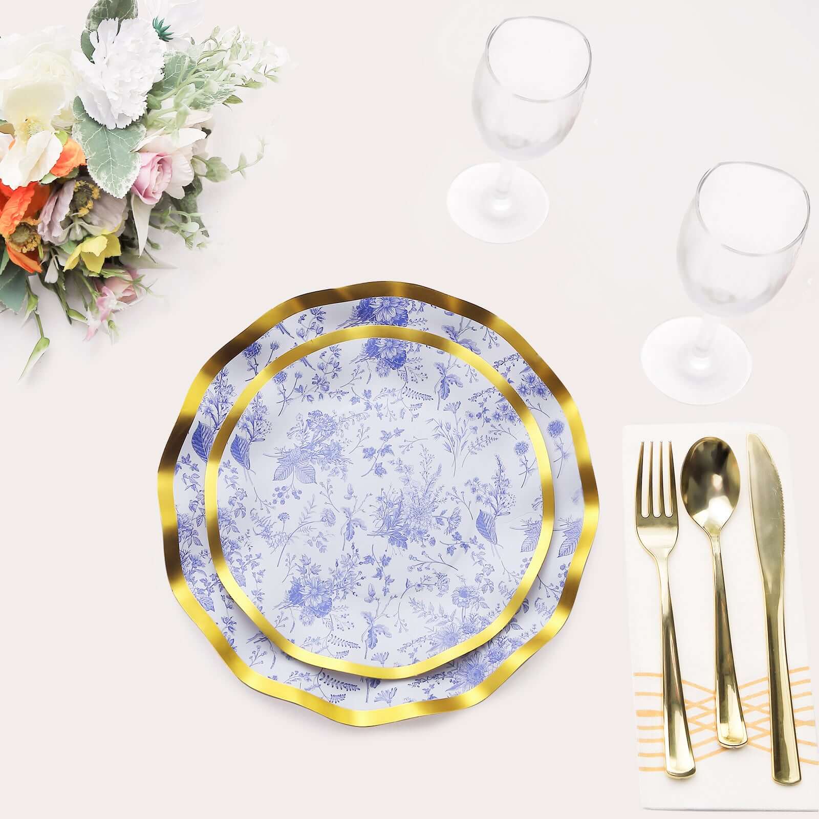 25-Pack Paper Round Dessert Plates 8 in White with Blue French Toile Pattern & Gold Wavy Rim - Disposable 350GSM Salad Plates