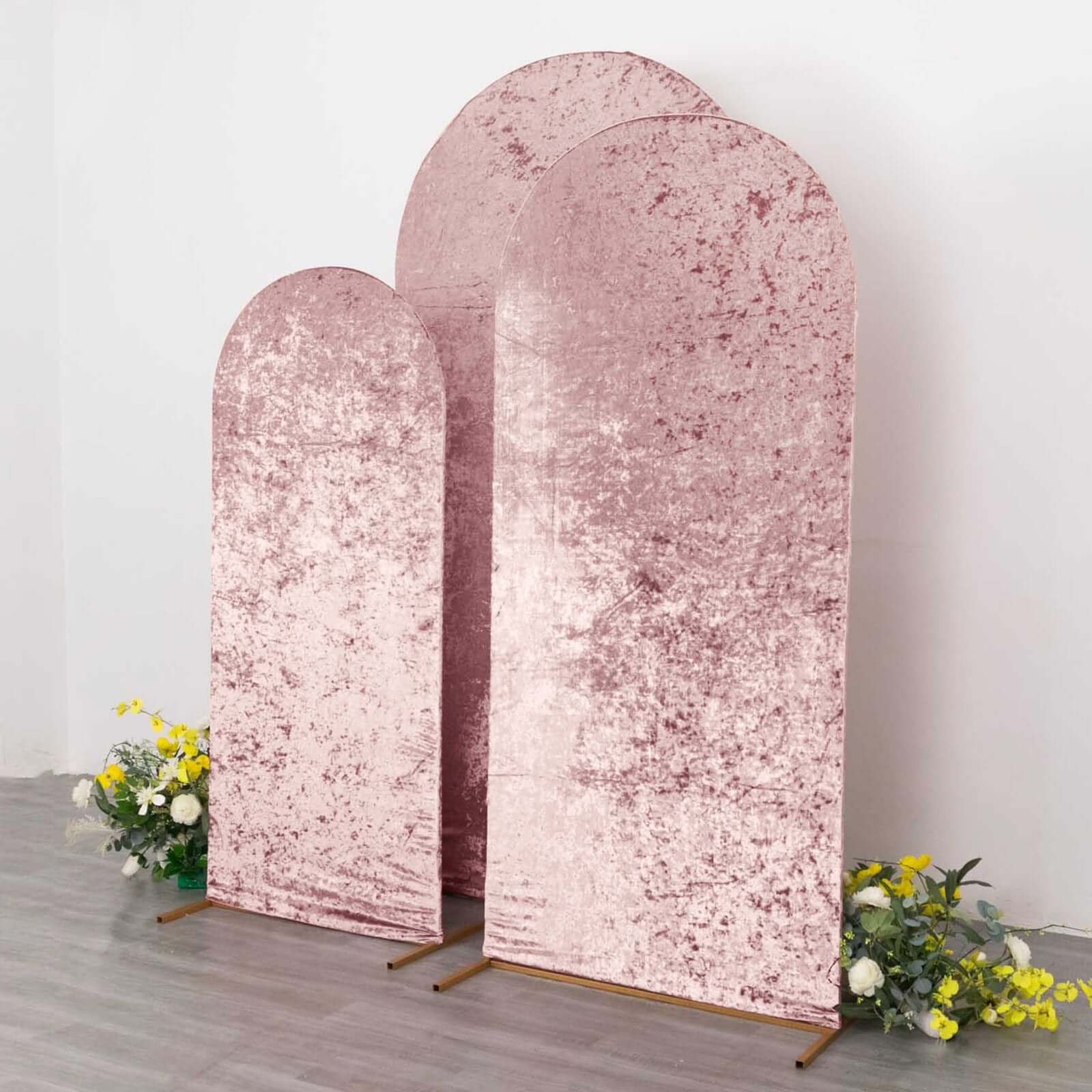 Set of 3 Dusty Rose Crushed Velvet Chiara Backdrop Stand Covers For Round Top Wedding Arches - 5ft, 6ft, 7ft