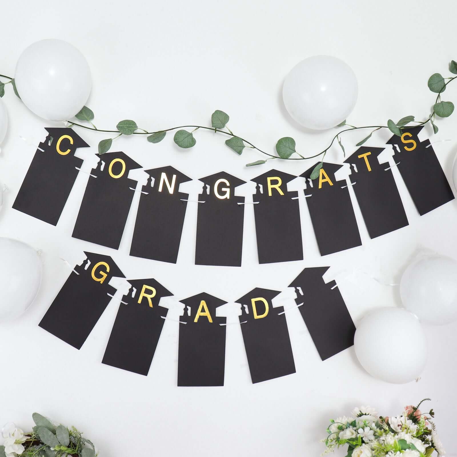 Black and Gold Congrats Grad Paper Photo Backdrop Hanging Garland Banner - 5.5ft