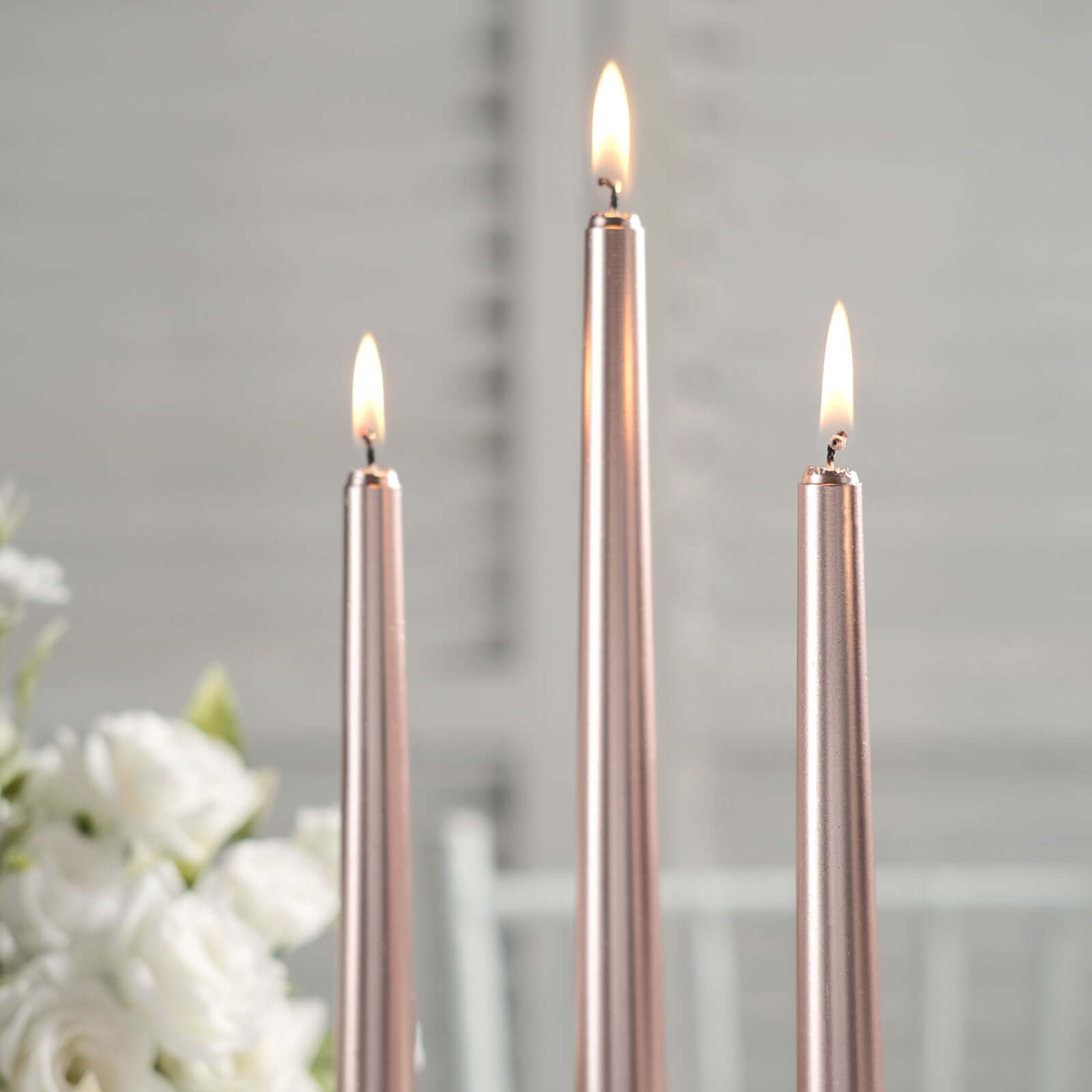 12-Pack Taper Candles Premium Wax Design Metallic Rose Gold - Unscented Candles for Upscale Settings 10