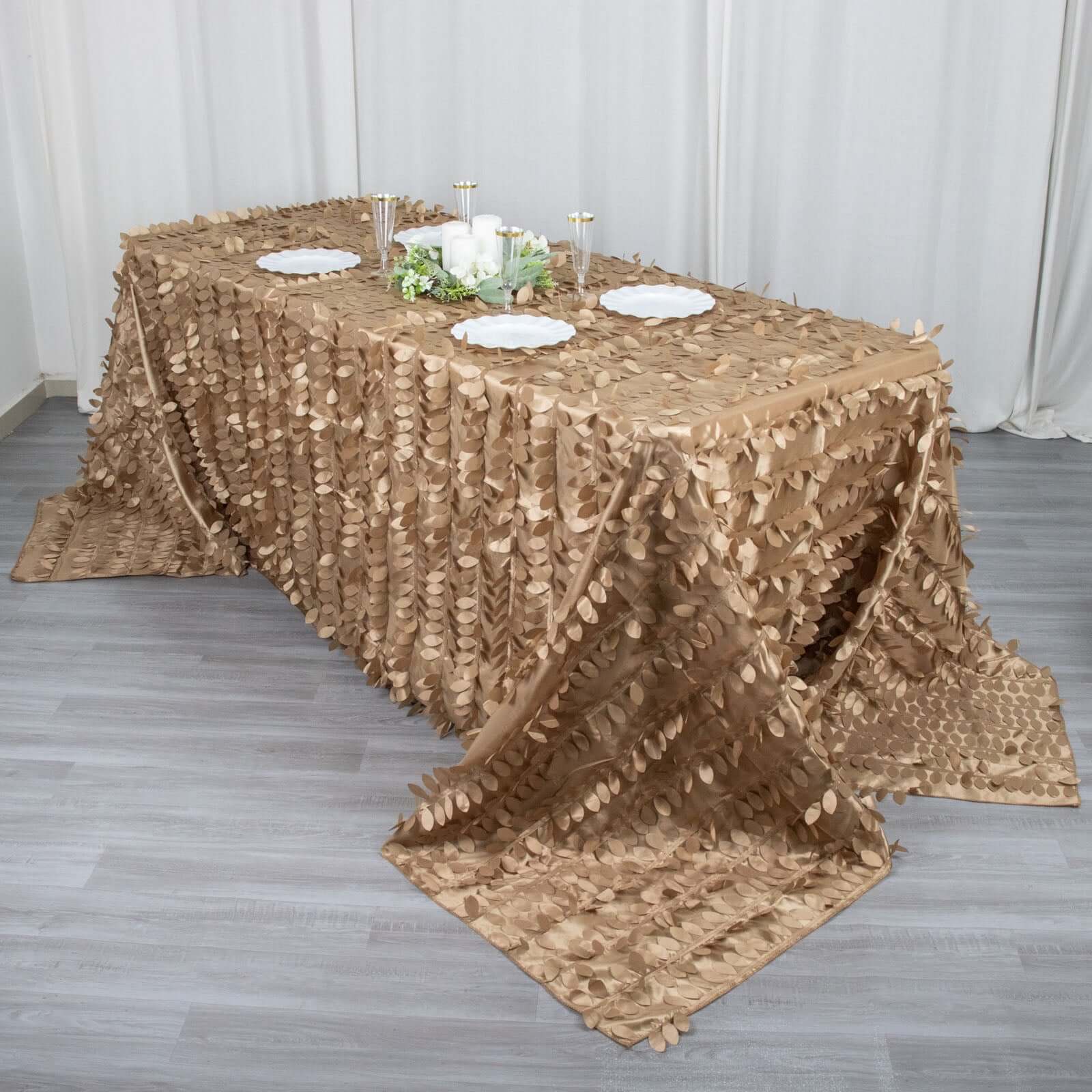 Taffeta 90x132 Rectangle Tablecloth Taupe | 3D Leaf Petal Design Seamless Table Cover