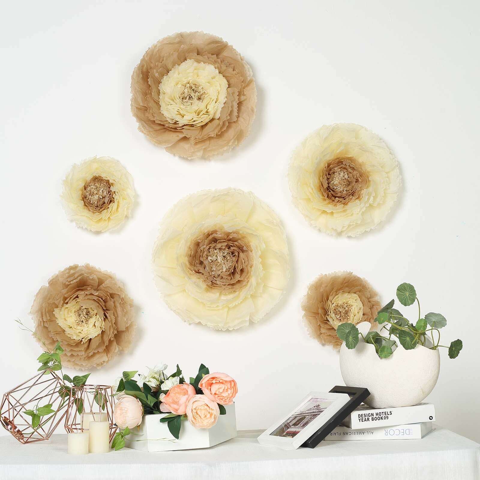 Set of 6 Taupe Natural Giant Carnation 3D Paper Flowers Wall Decor - 12,16,20