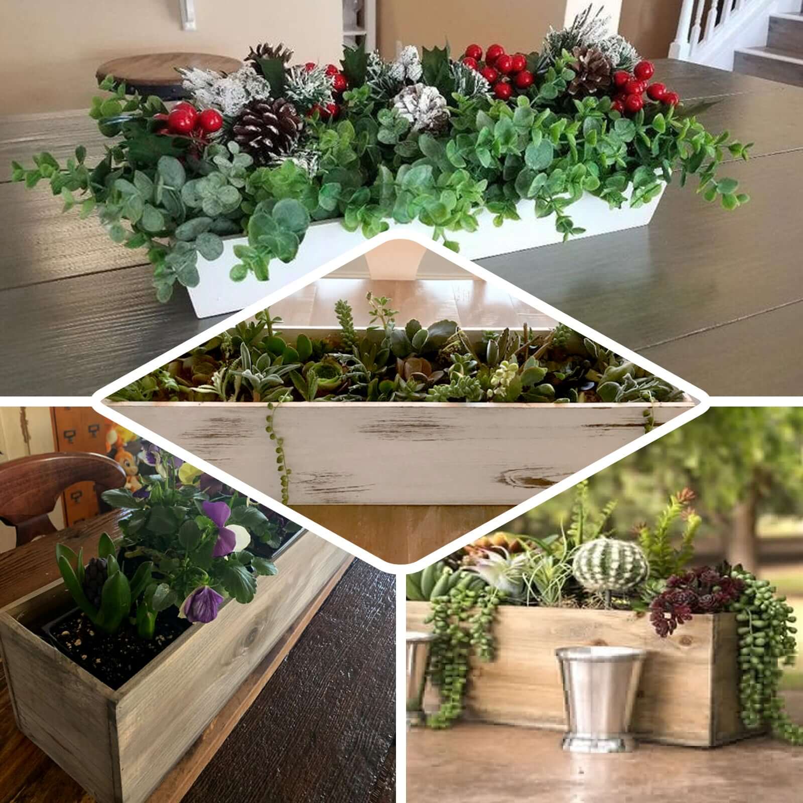 Whitewash Wood Planter Rectangular Box 24x6- Natural Decor with Removable Plastic Liner for Tables