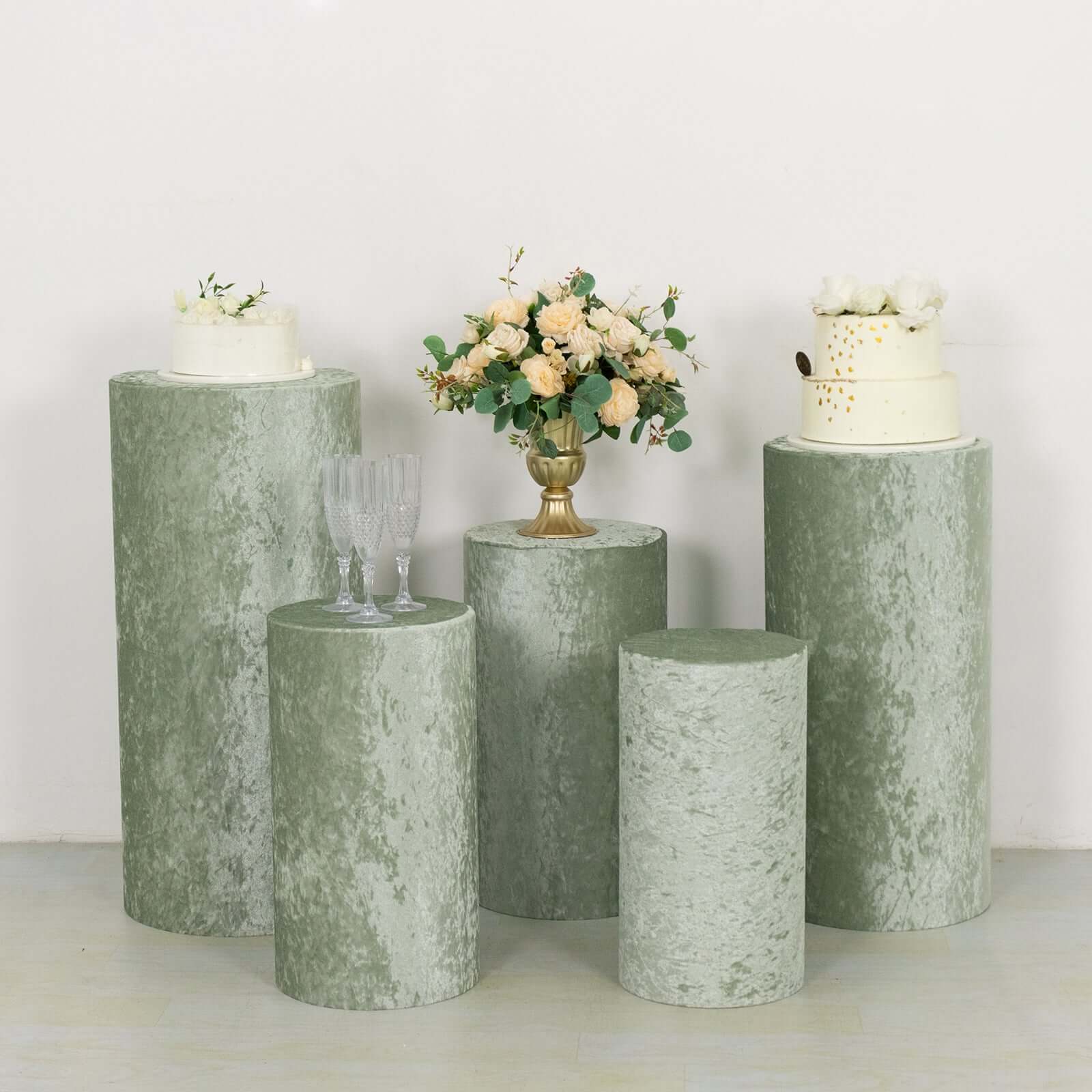 Set of 5 Sage Green Crushed Velvet Cylinder Pedestal Stand Covers, Premium Pillar Prop Covers