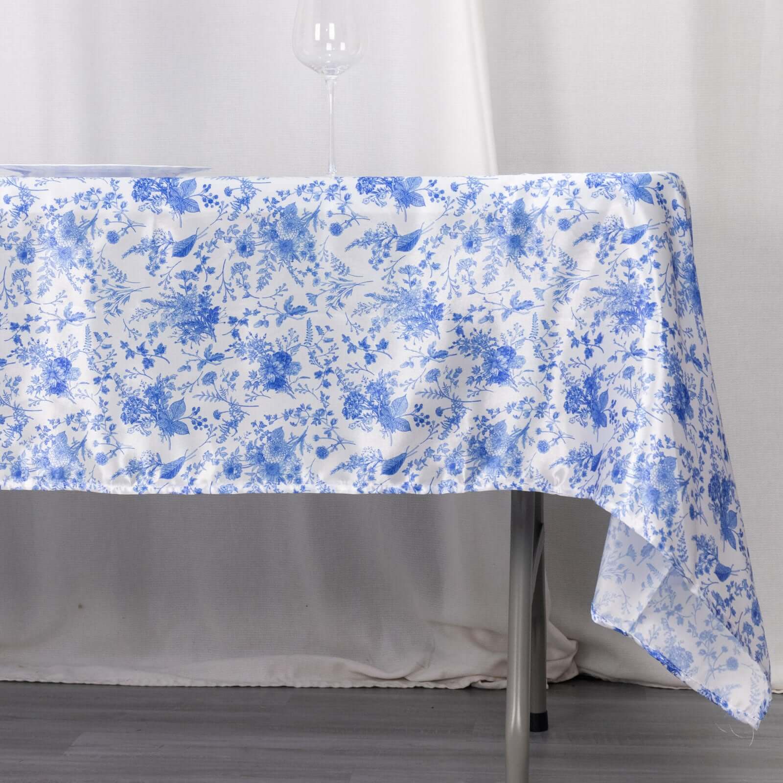 Satin Round 60x102 Tablecloth White/Blue French Toile Design - Stylish & Wrinkle-Resistant Table Cover