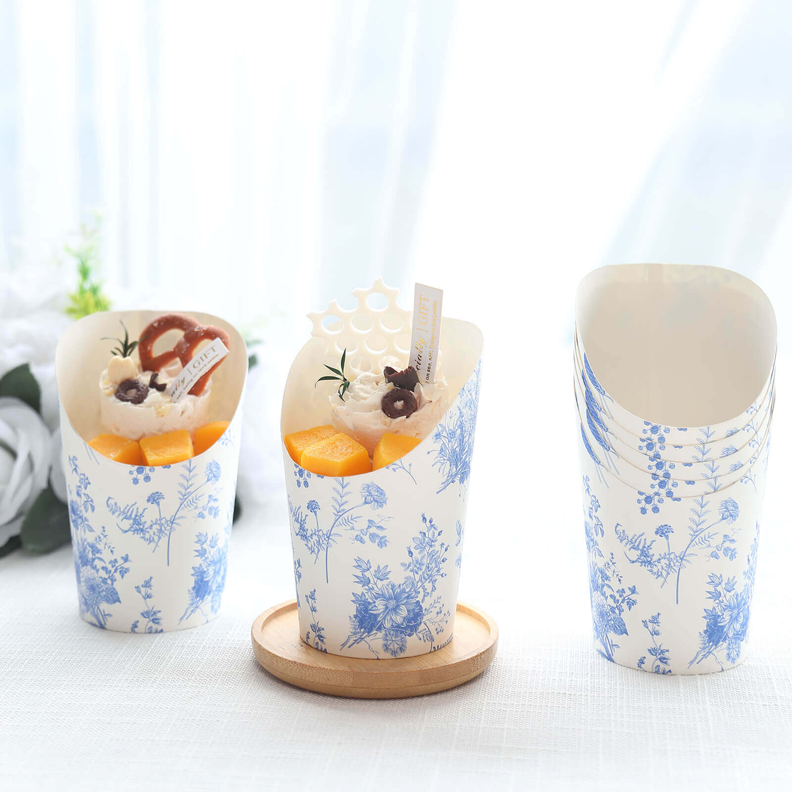 50-Pack Paper Popcorn Box Cone Cups French Toile Floral Pattern White Blue - Perfect for Snacks 14oz