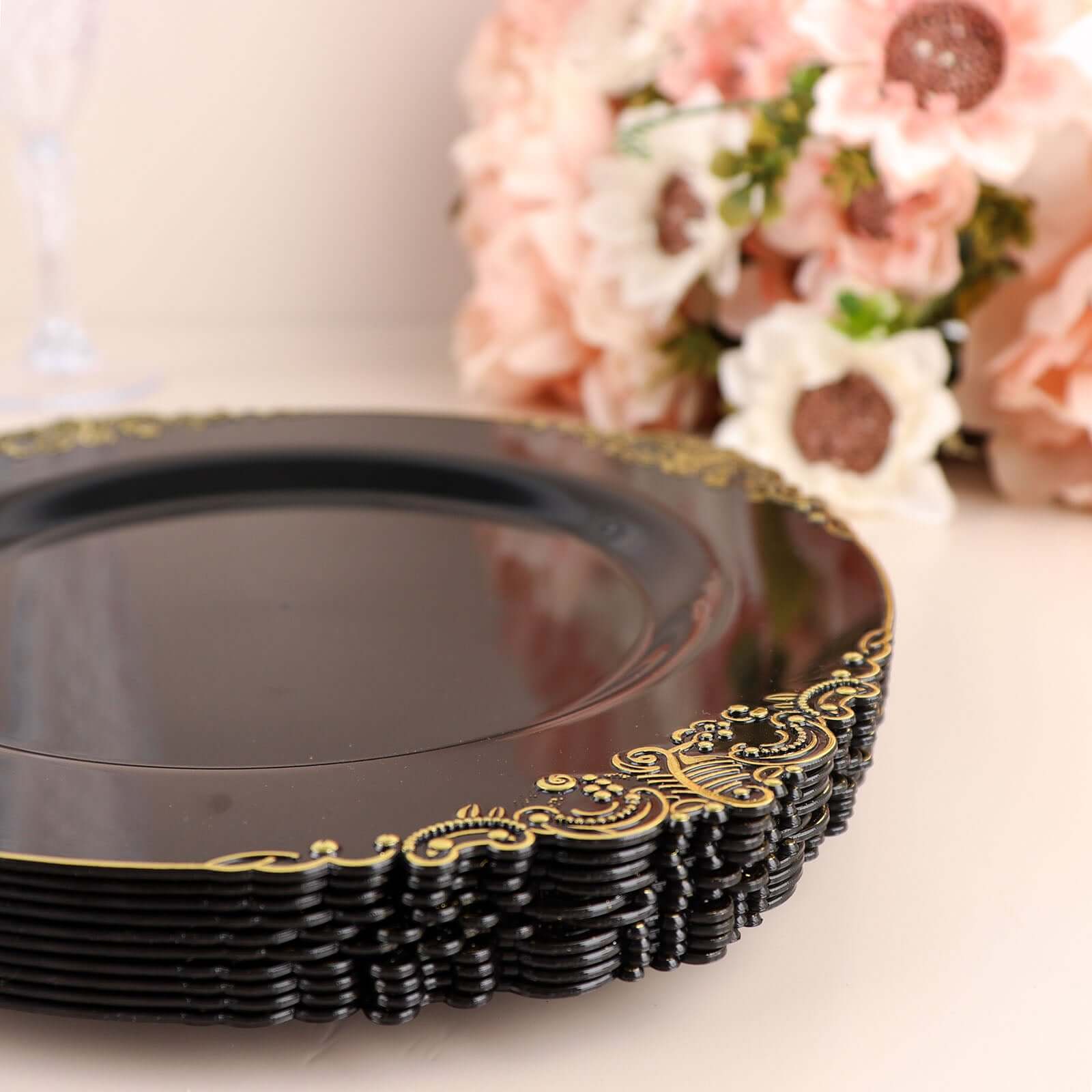 10-Pack Plastic 8 Round Dessert Plates in Black with Gold Leaf Embossed Rim - Disposable Vintage Baroque Style Salad Plates