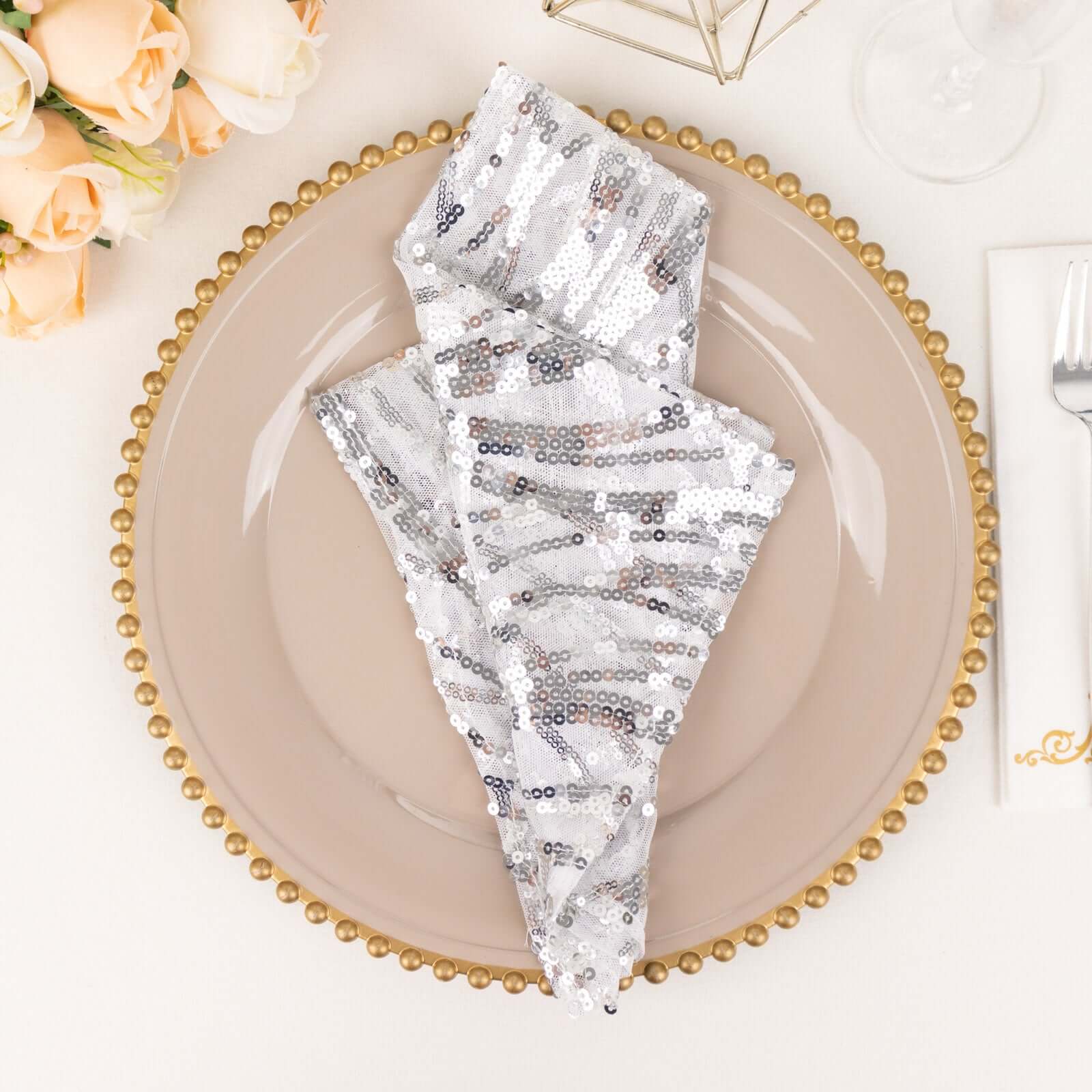 Sequin Mesh 20x20 Napkin SIlver - Wave Embroidered Reusable Napkin