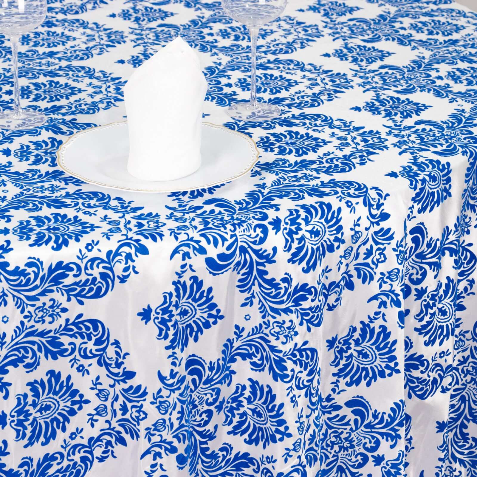 Taffeta 120 Round Tablecloth Royal Blue - Seamless Velvet Flocking Damask Table Cover