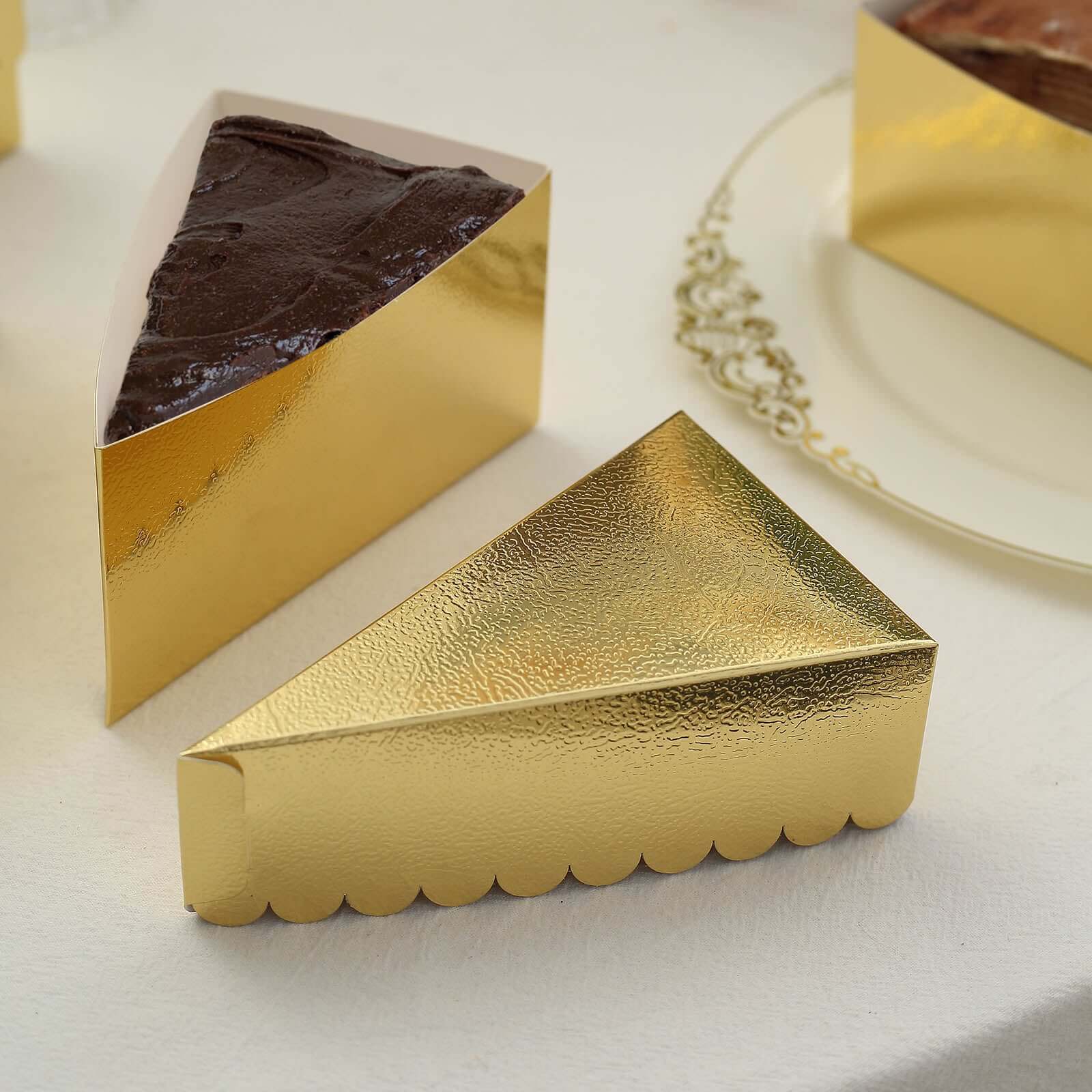 10-Pack Cardstock Triangle Cake Slice Boxes Metallic Gold with Scalloped Top - Decorative Takeaway Dessert Containers for Pie Snacks & Party Favors 5x3