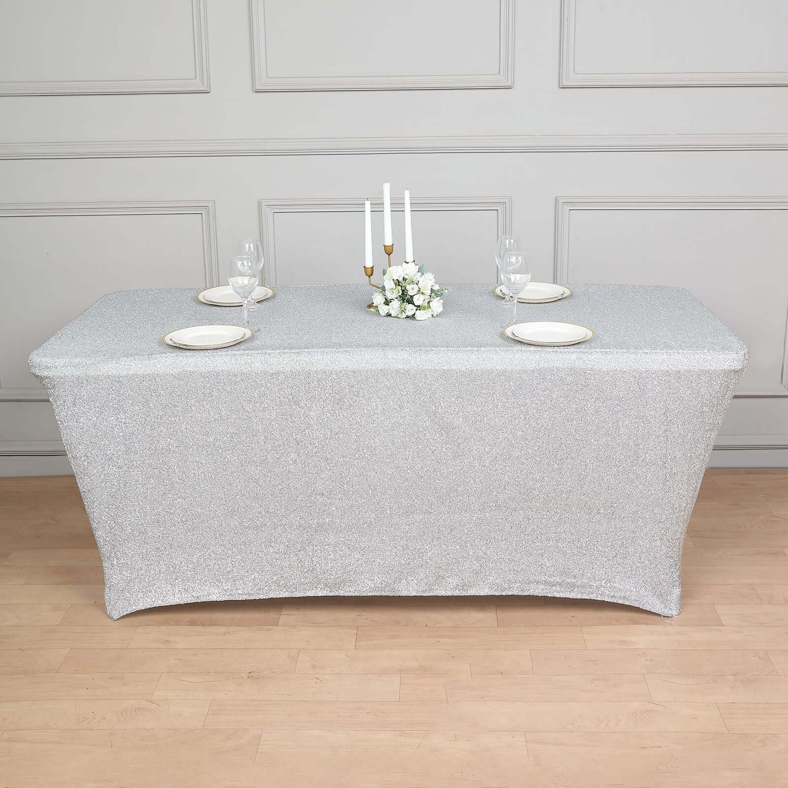 Shimmer Tinsel Spandex 72x30 Rectangle Tablecloth Metallic Silver Glittered Shiny Stretch Table Cover