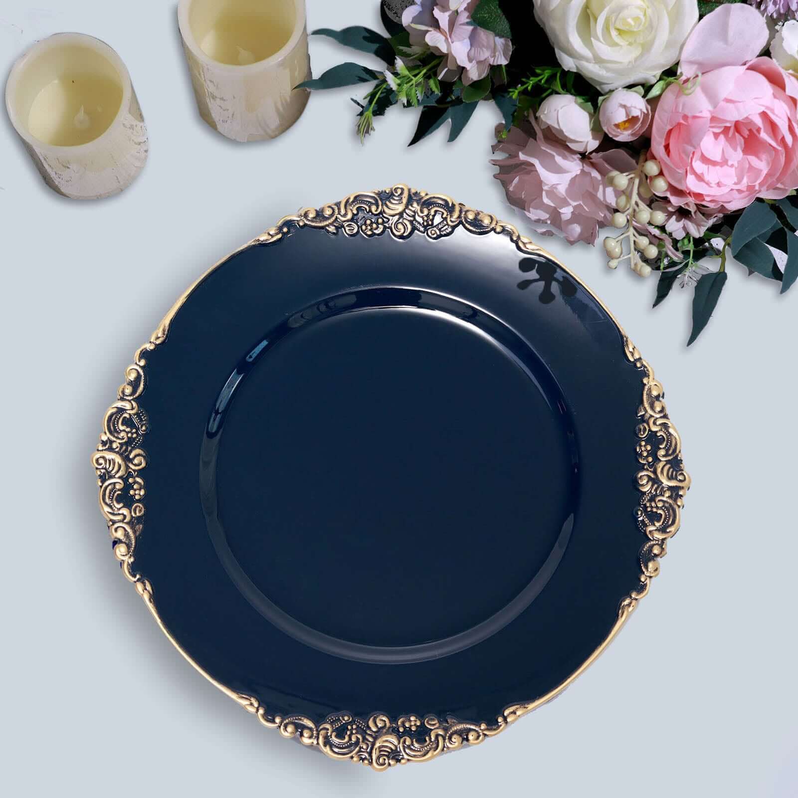 6-Pack Acrylic Round Charger Plates 13 in Navy Blue with Gold Embossed Baroque Rim, Antique Decorative Dinner Party Charger Tableware