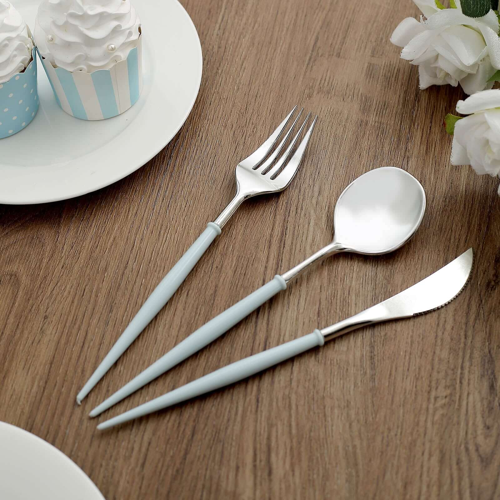 24-Pack Plastic Flatware Set in Silver with Light Blue Handle - Heavy Duty Disposable Modern Silverware 8