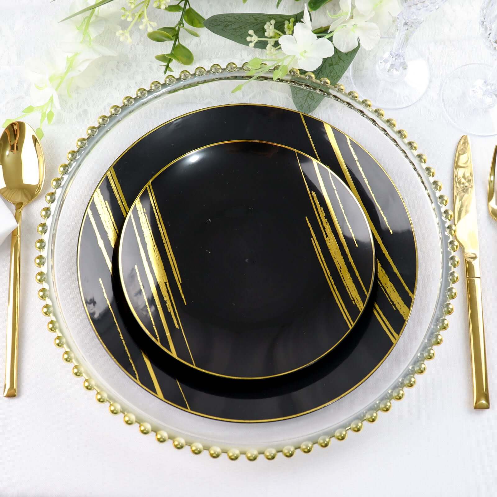 10-Pack Plastic 10 Round Dinner Plates in Black with Gold Brush Stroked Print - Disposable Party Dinnerware